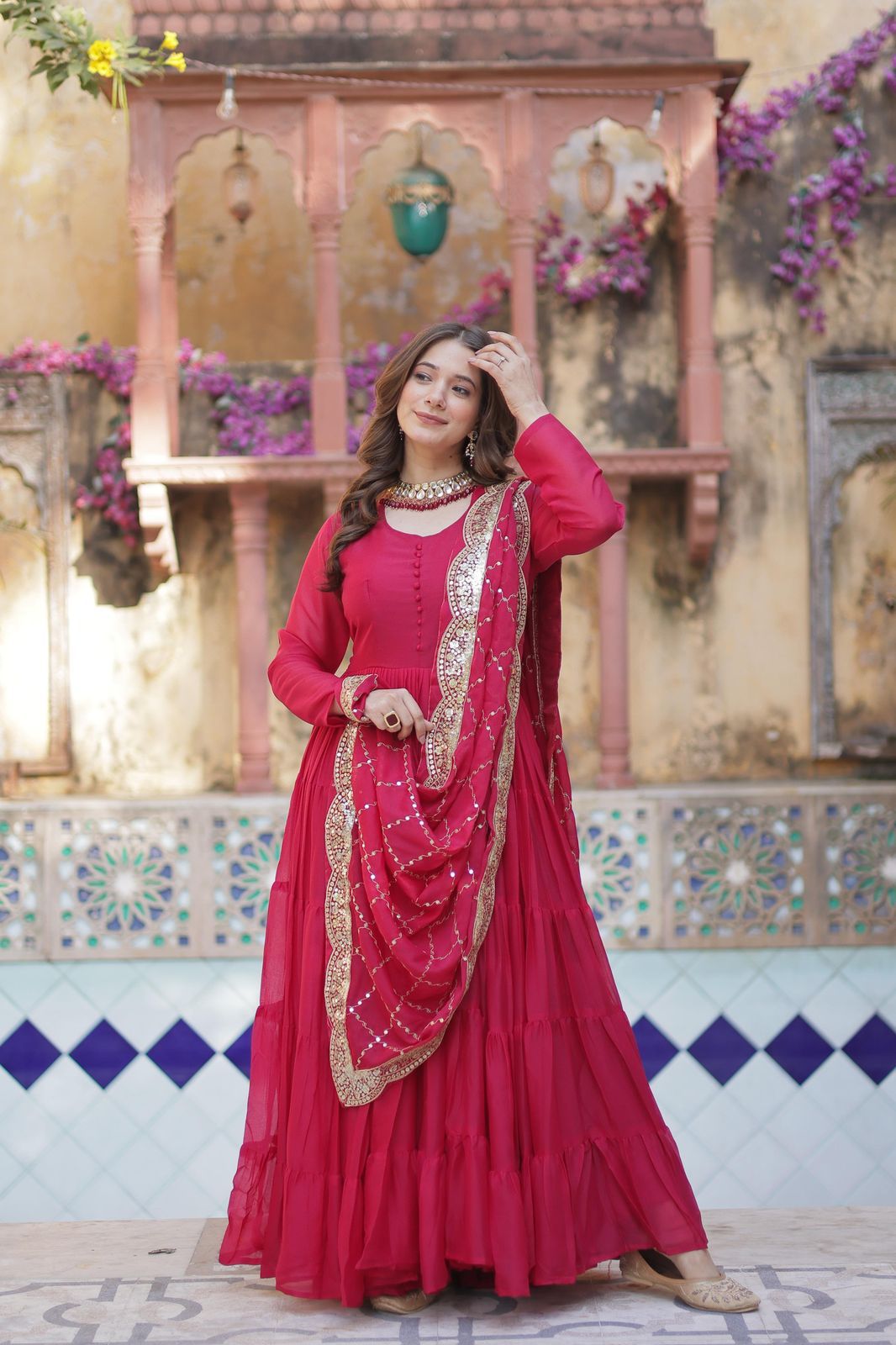 Engagement Wear Dark Pink Color Star Georgette Fully Flair Gown And Designer Embroidered Dupatta