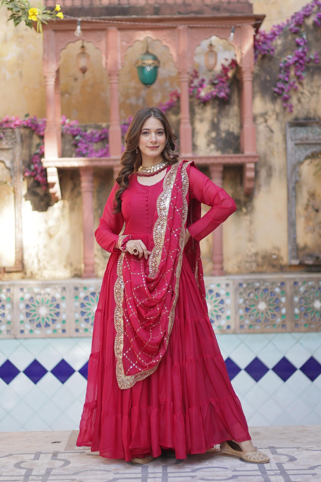 Engagement Wear Dark Pink Color Star Georgette Fully Flair Gown And Designer Embroidered Dupatta