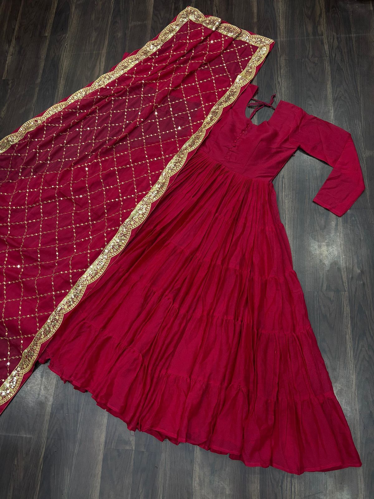 Engagement Wear Dark Pink Color Star Georgette Fully Flair Gown And Designer Embroidered Dupatta