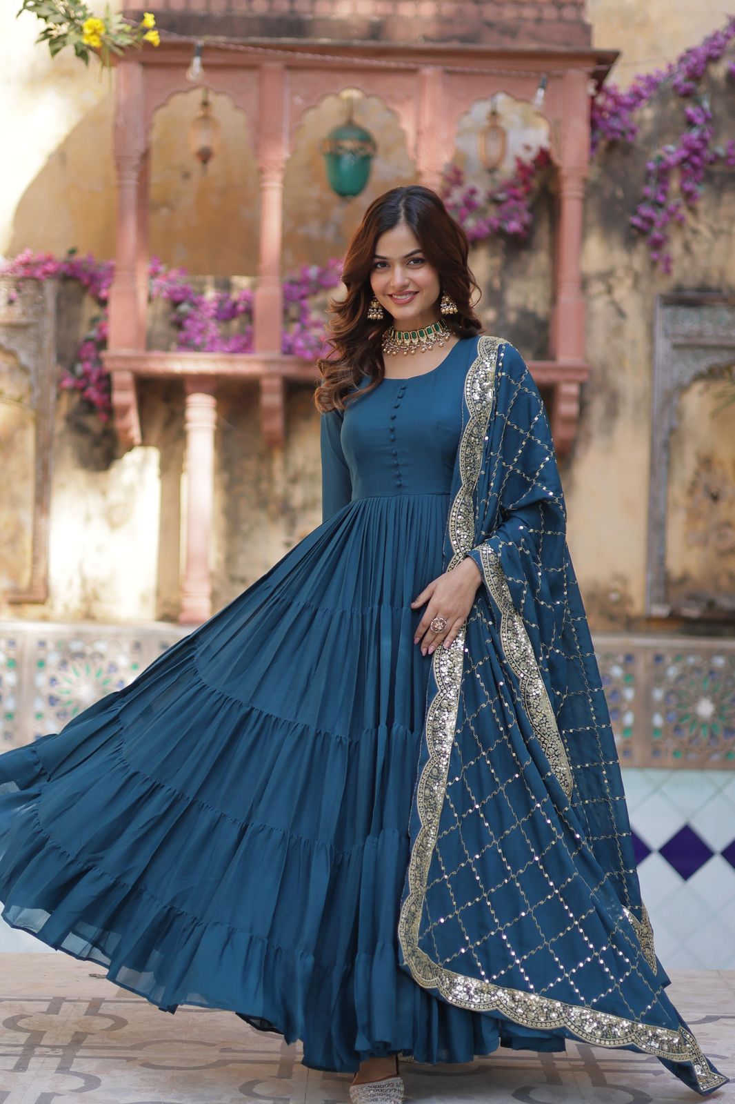 Engagement Teal Color Star Georgette Fully Flair Gown And Designer Embroidered Dupatta