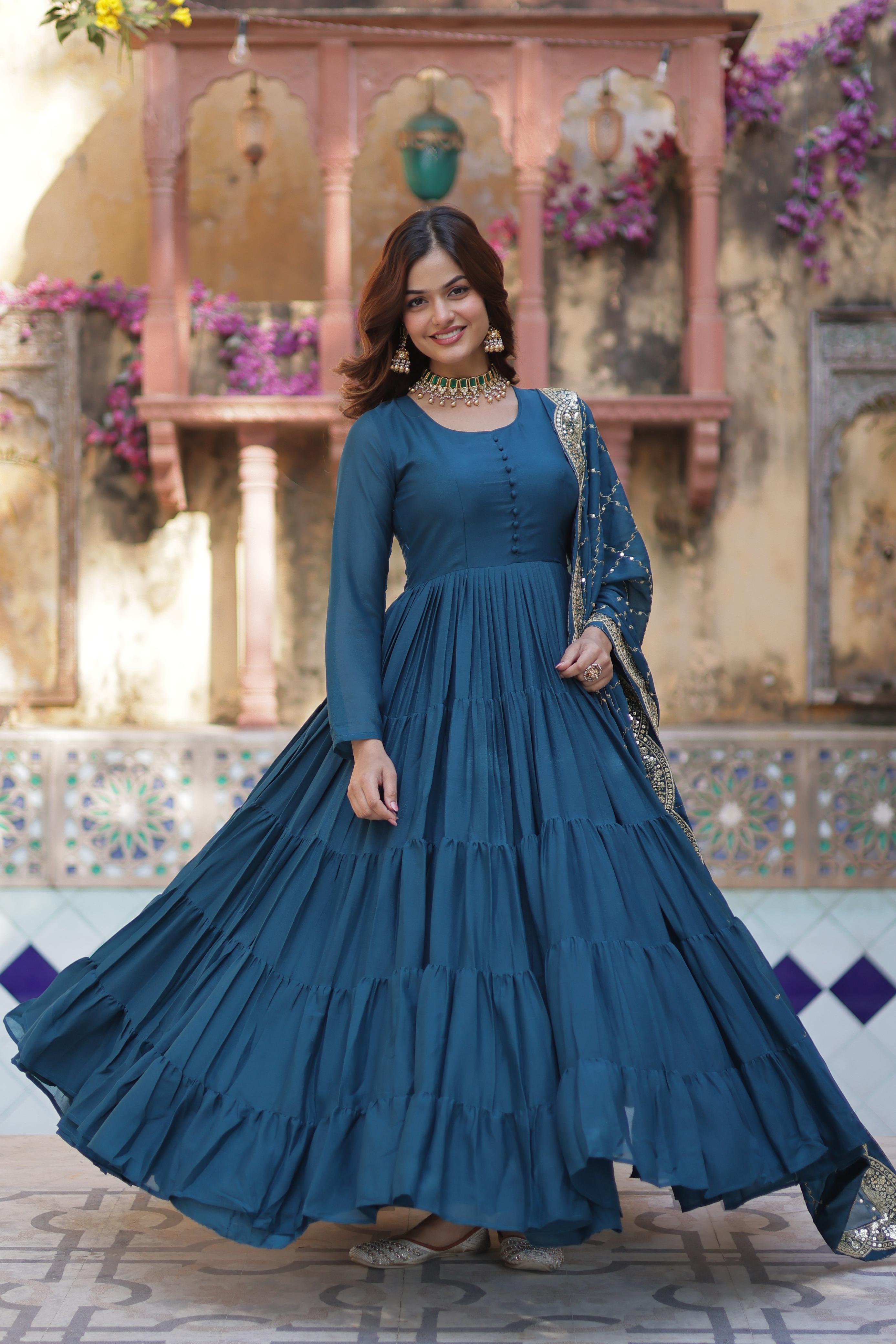 Engagement Teal Color Star Georgette Fully Flair Gown And Designer Embroidered Dupatta
