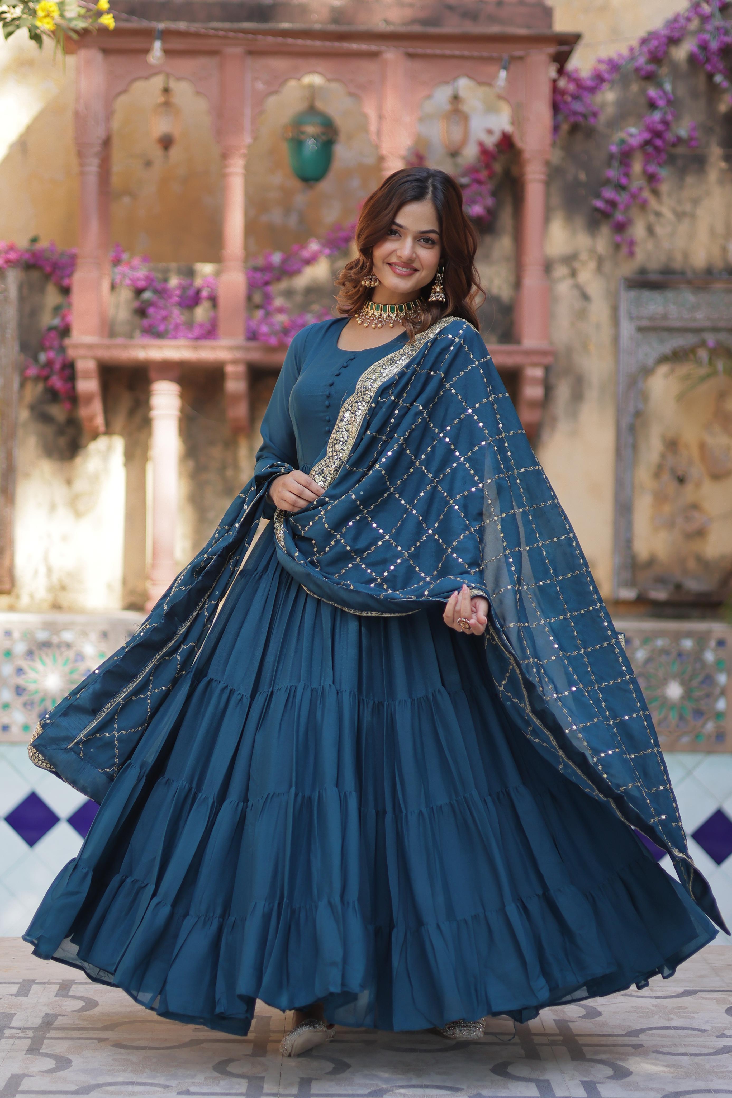 Engagement Teal Color Star Georgette Fully Flair Gown And Designer Embroidered Dupatta