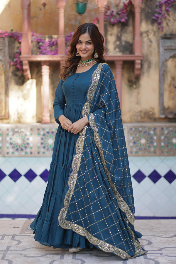 Engagement Teal Color Star Georgette Fully Flair Gown And Designer Embroidered Dupatta