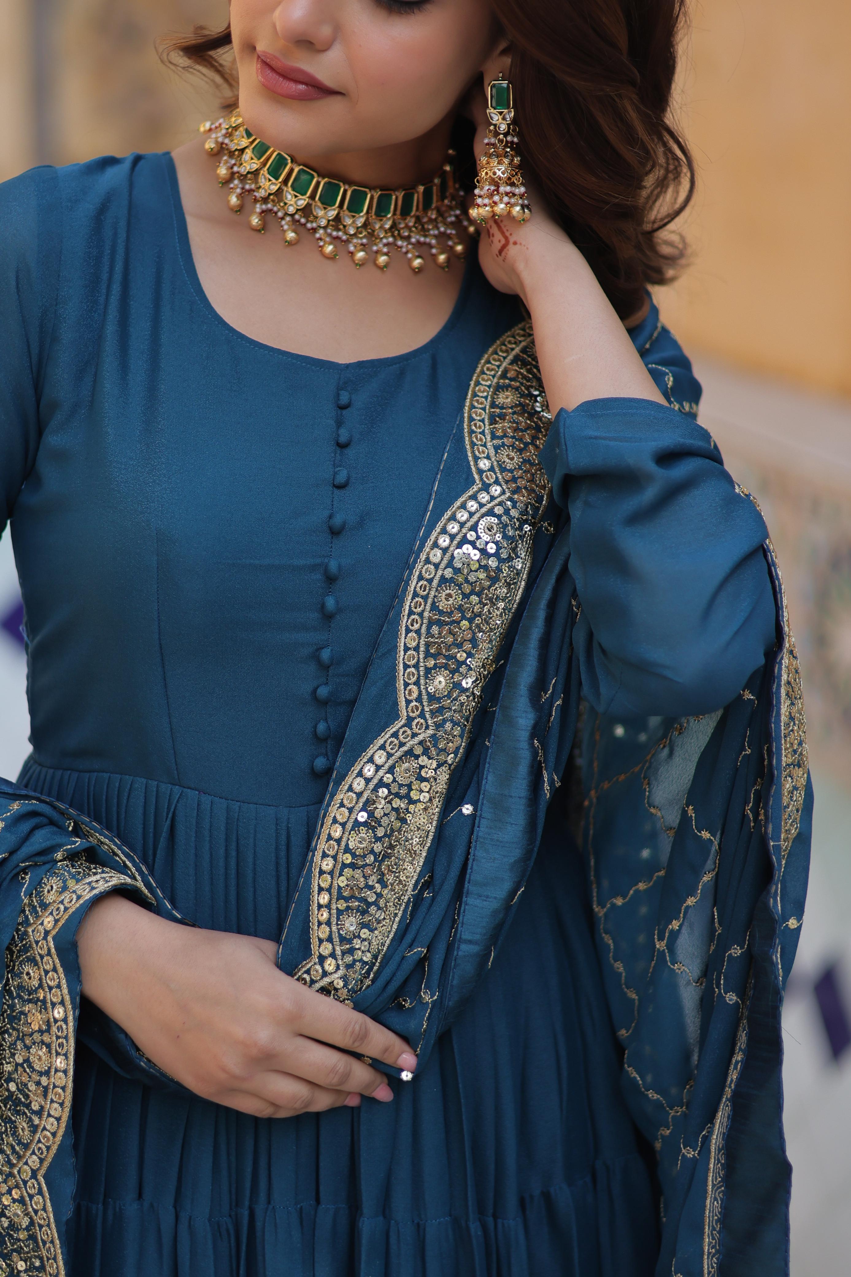 Engagement Teal Color Star Georgette Fully Flair Gown And Designer Embroidered Dupatta