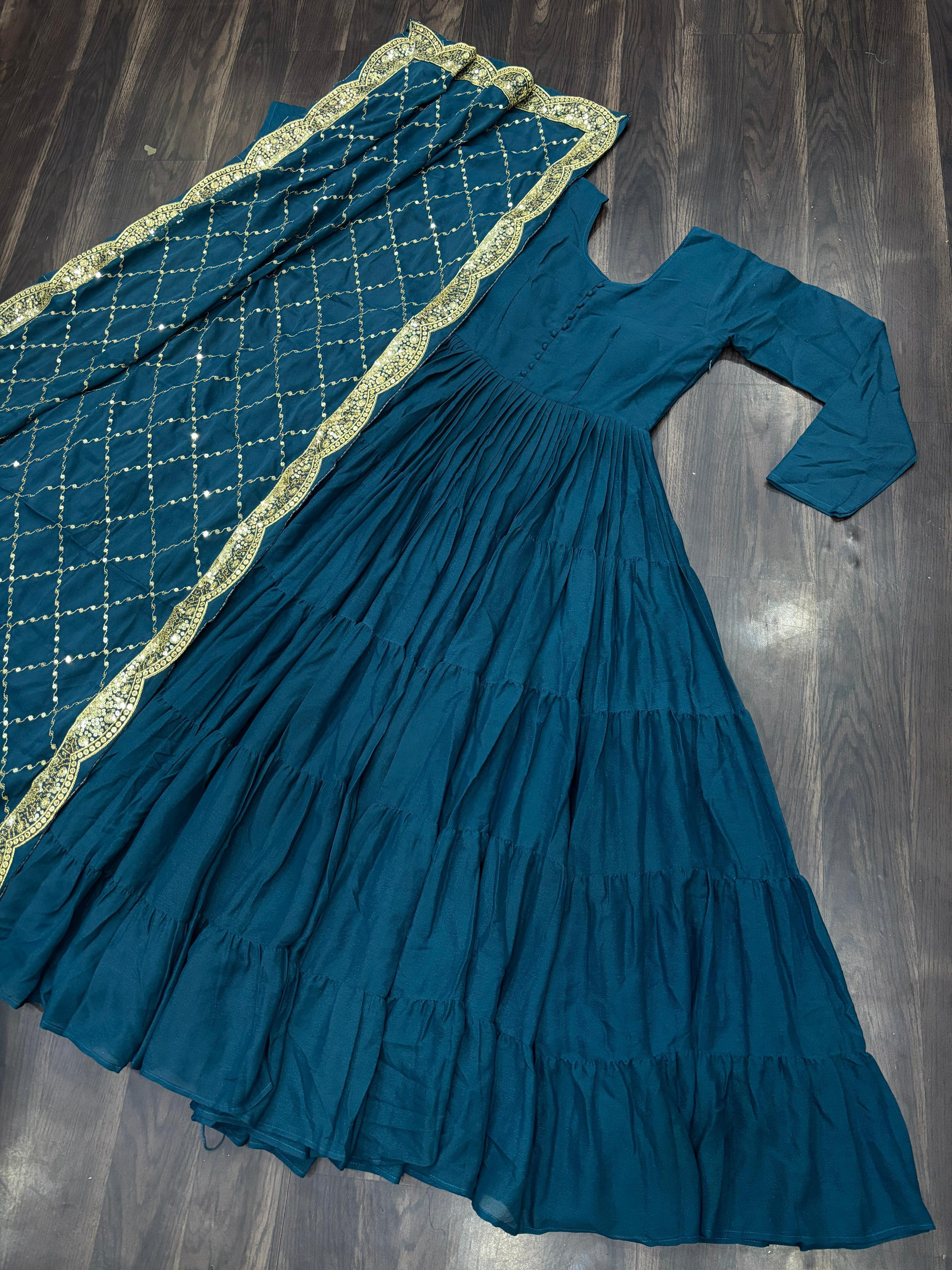 Engagement Teal Color Star Georgette Fully Flair Gown And Designer Embroidered Dupatta