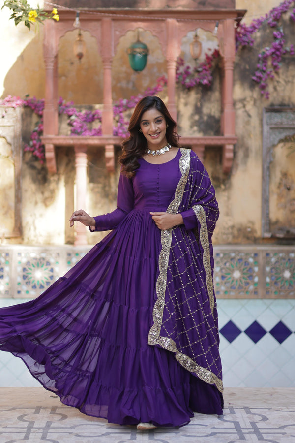 Engagement Purple Star Georgette Fully Flair Gown And Designer Embroidered Dupatta