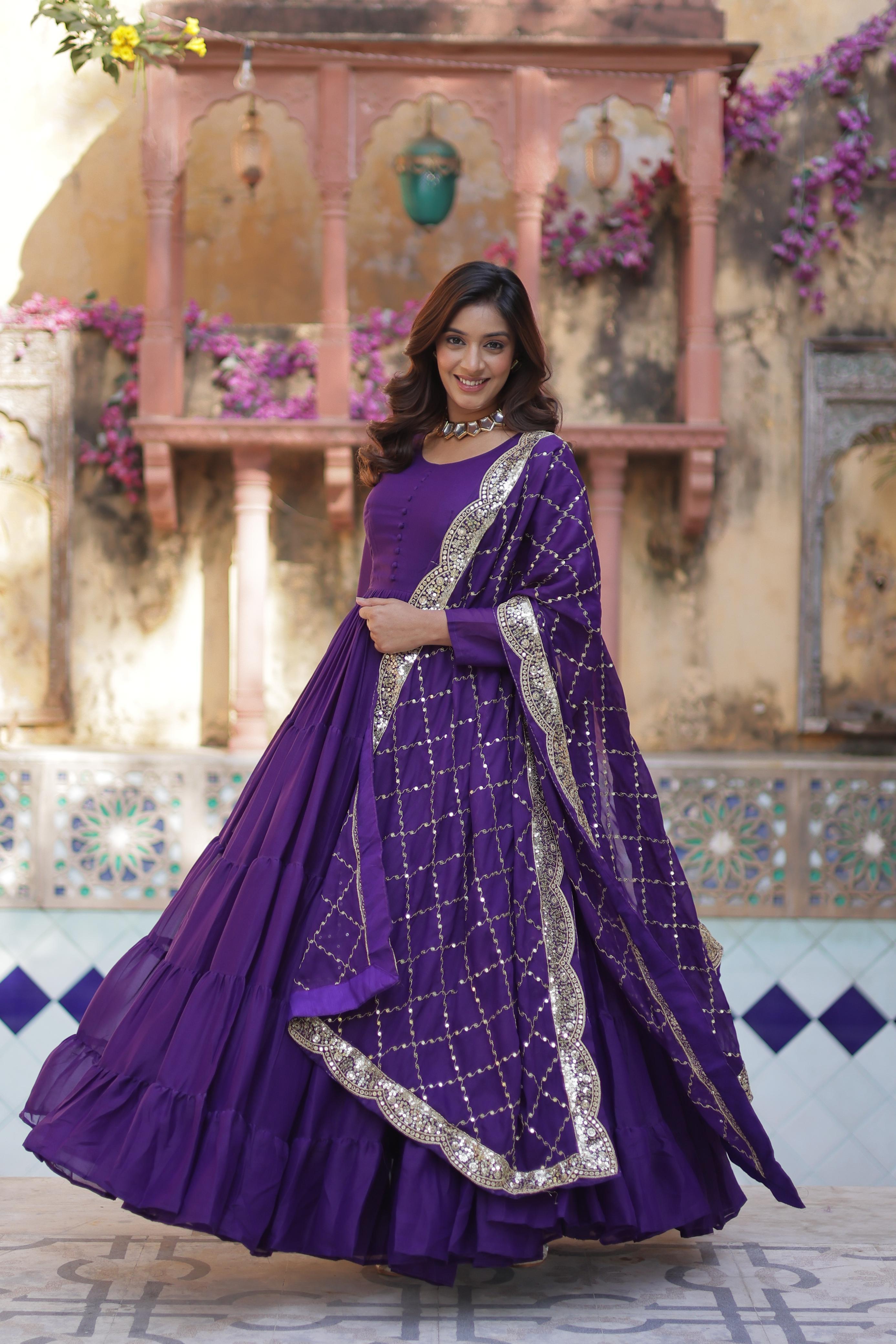 Engagement Purple Star Georgette Fully Flair Gown And Designer Embroidered Dupatta