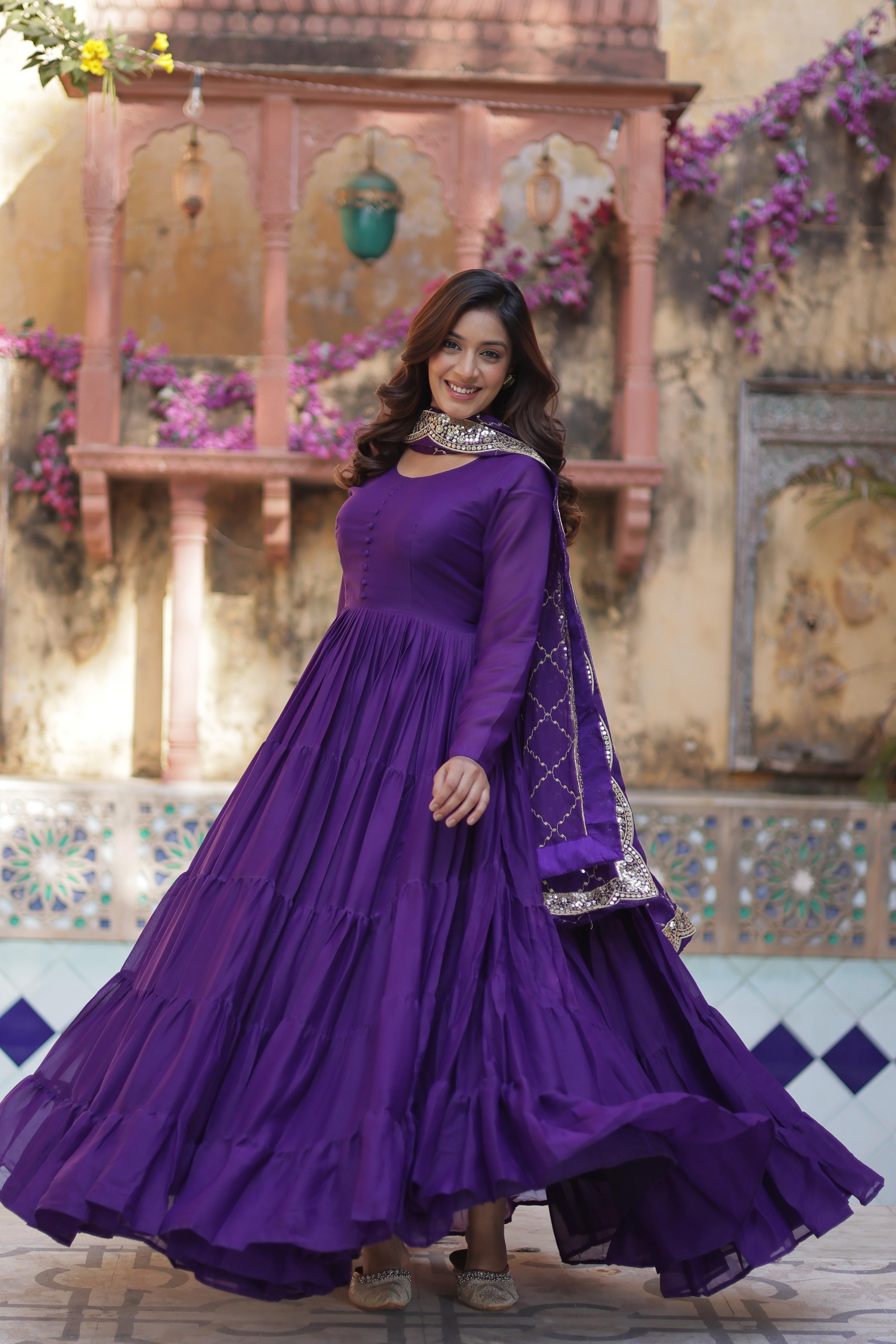 Engagement Purple Star Georgette Fully Flair Gown And Designer Embroidered Dupatta