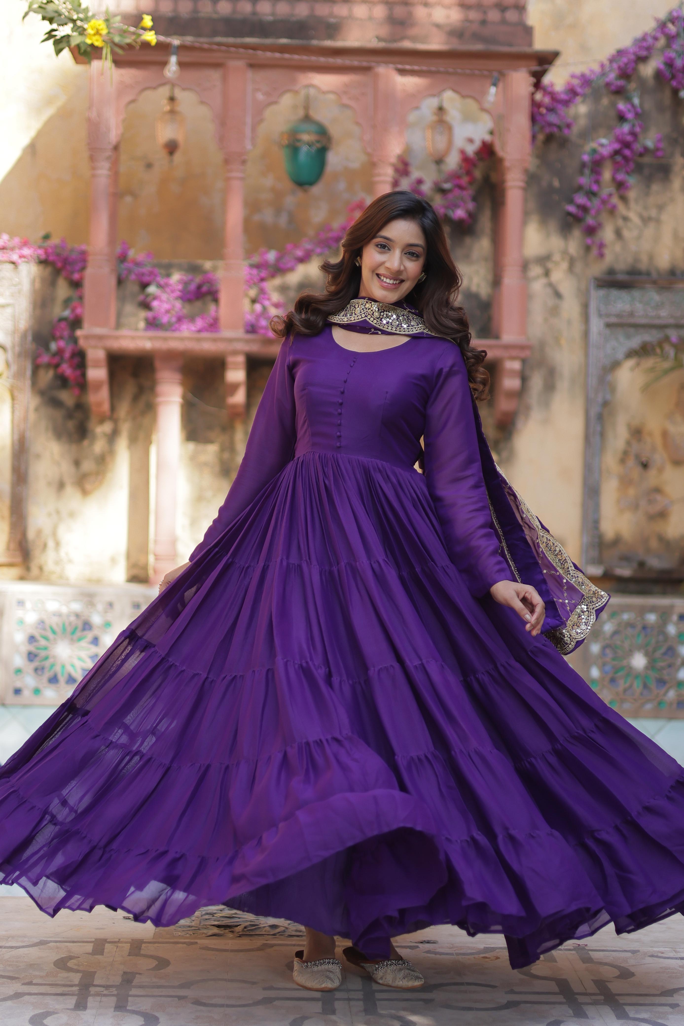 Engagement Purple Star Georgette Fully Flair Gown And Designer Embroidered Dupatta