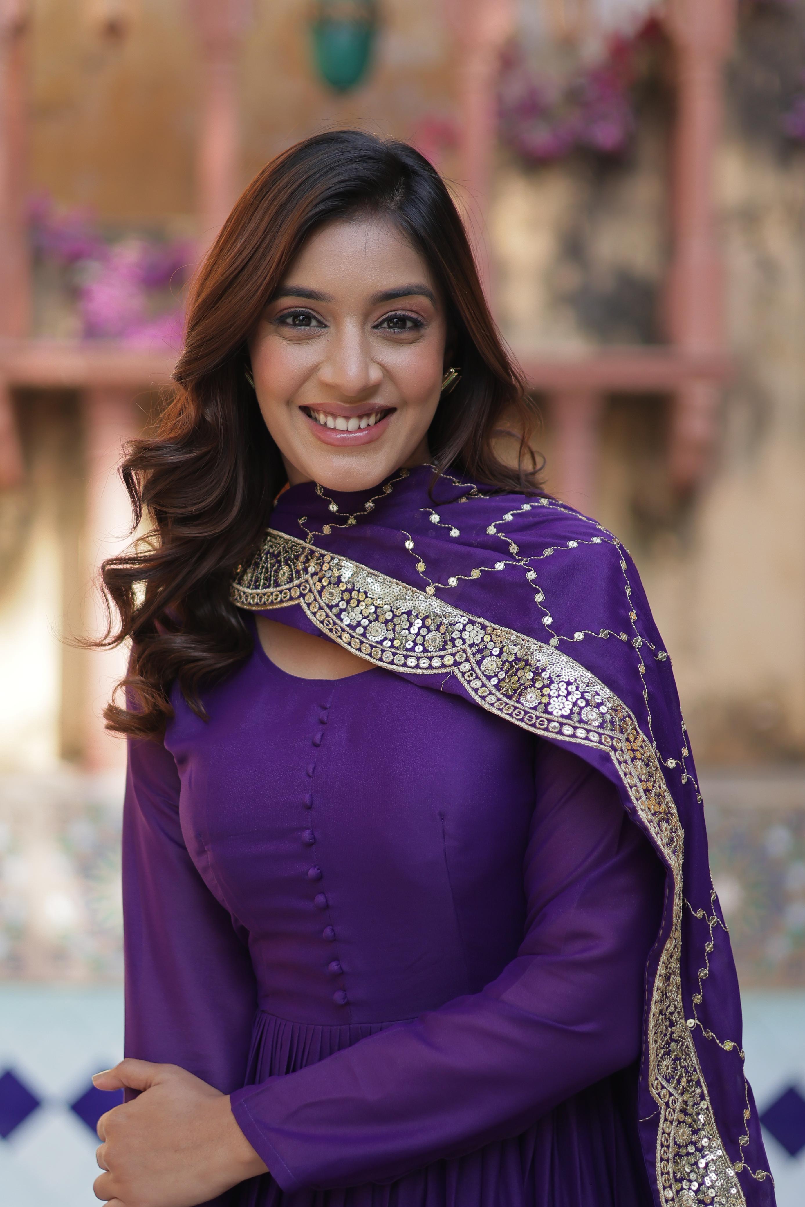 Engagement Purple Star Georgette Fully Flair Gown And Designer Embroidered Dupatta