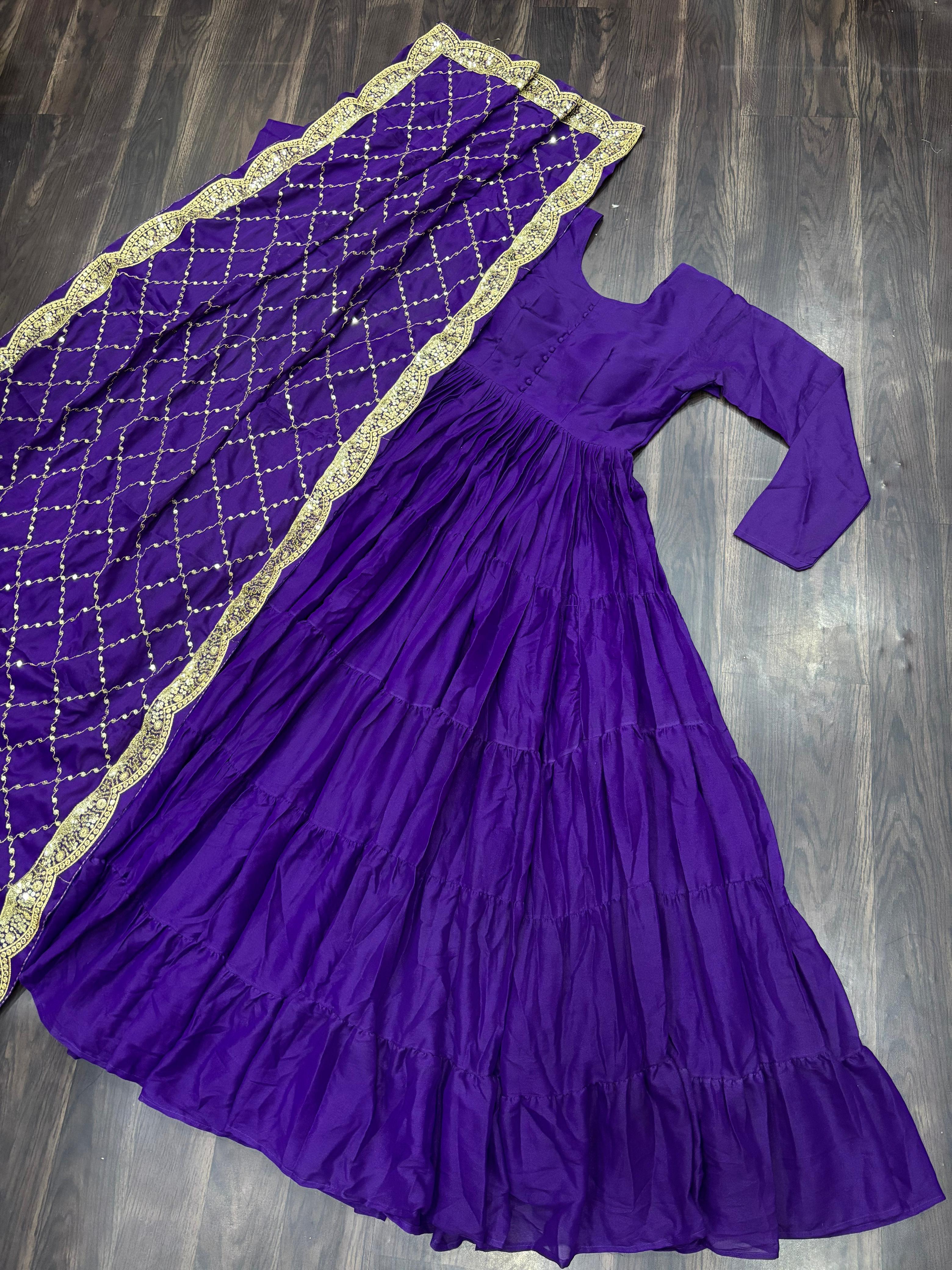 Engagement Purple Star Georgette Fully Flair Gown And Designer Embroidered Dupatta