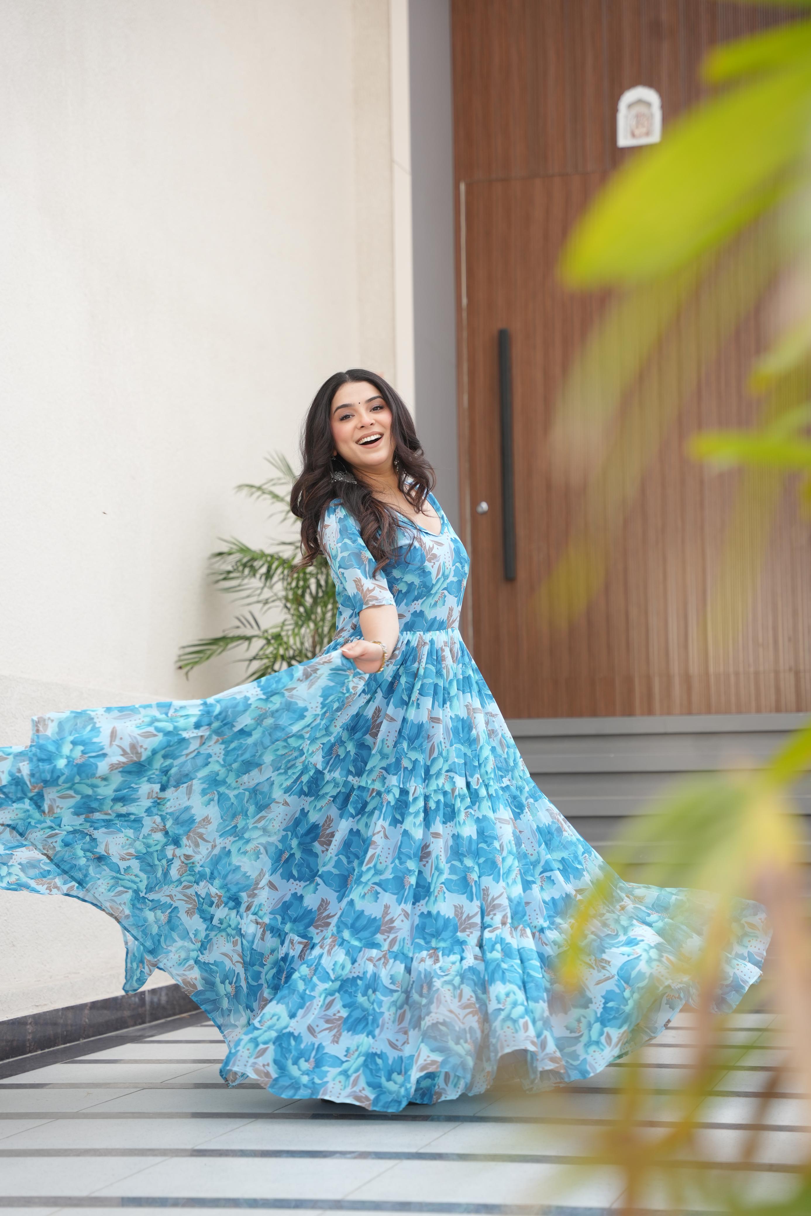 Attractive Sky Color Faux Georgette With Print Designer Gown