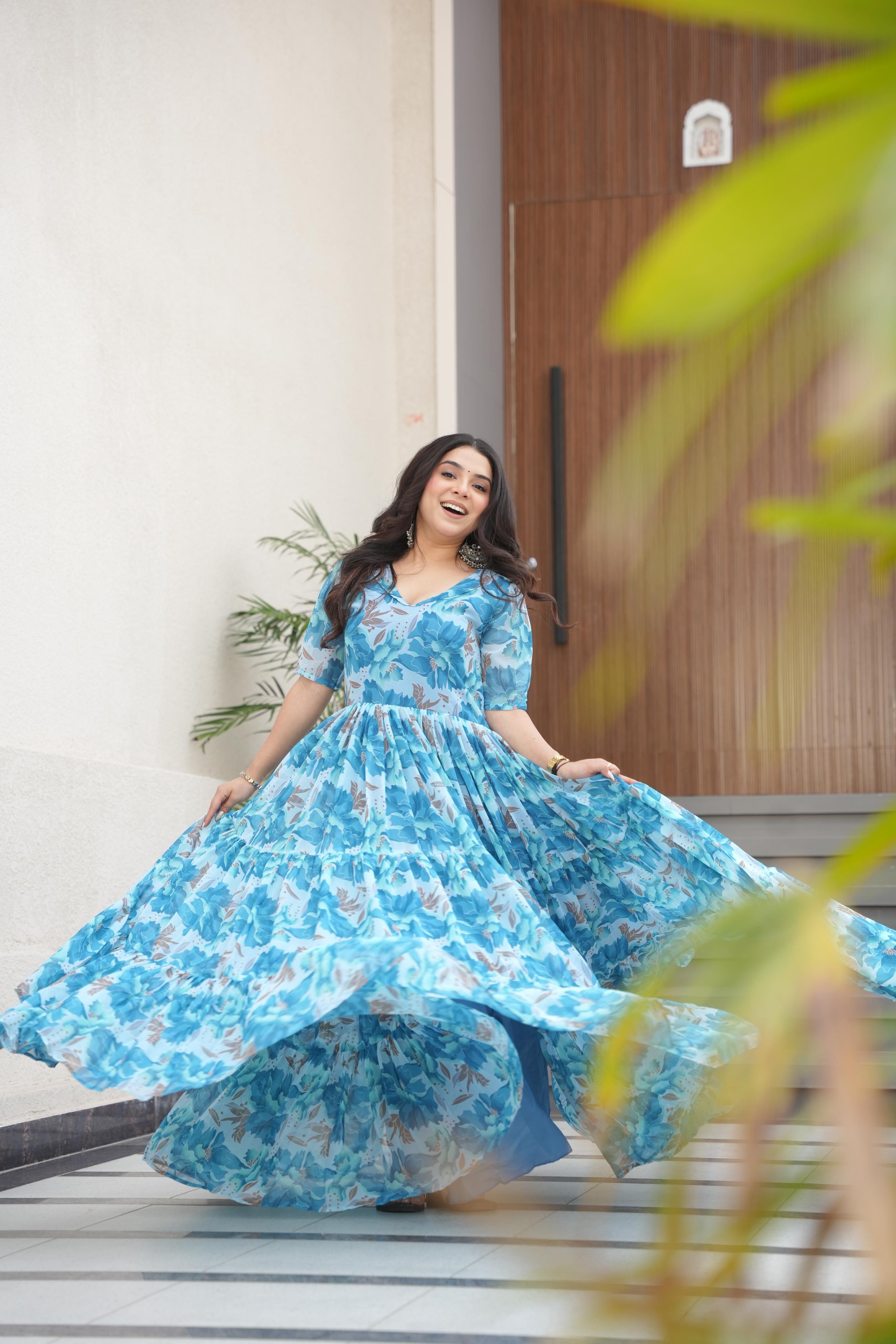 Attractive Sky Color Faux Georgette With Print Designer Gown