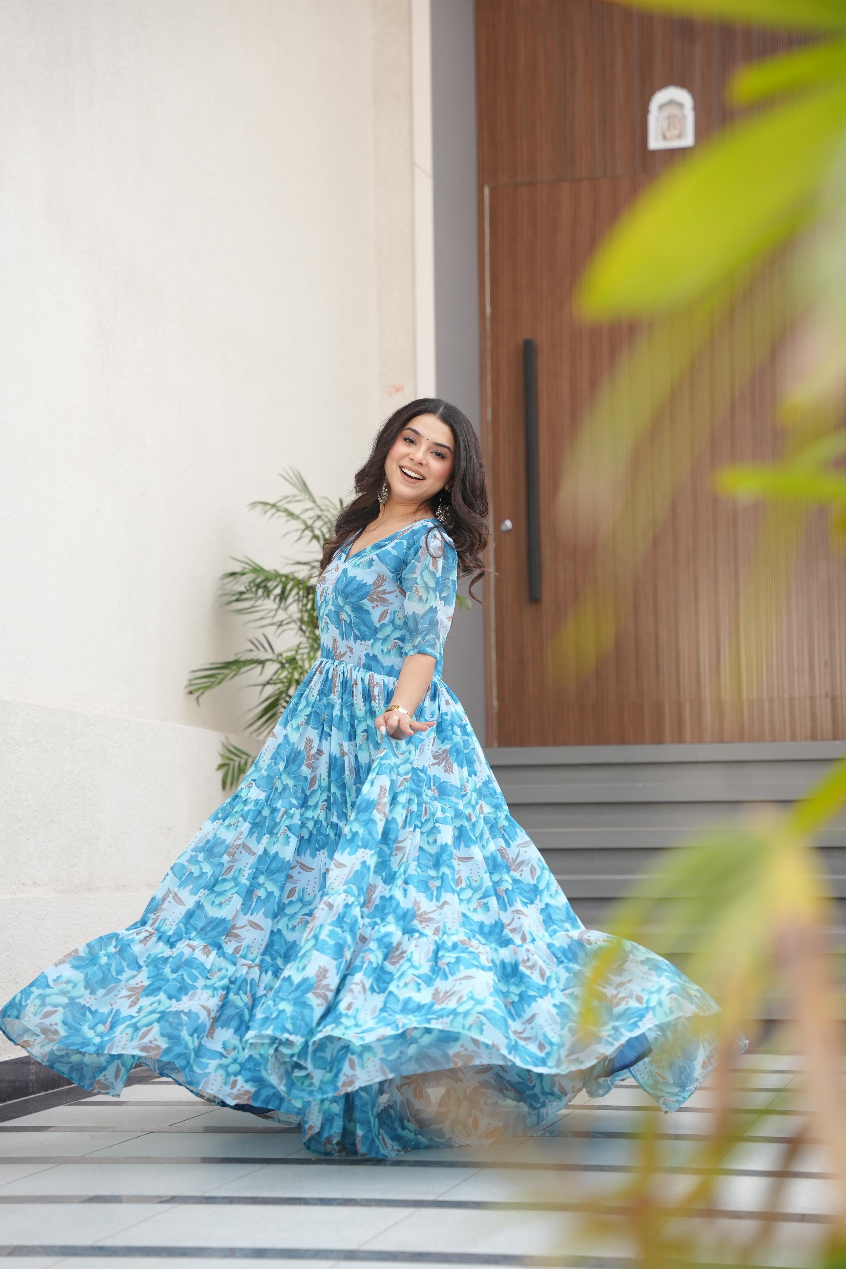 Attractive Sky Color Faux Georgette With Print Designer Gown