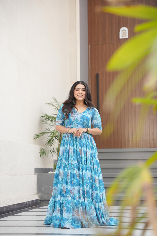 Attractive Sky Color Faux Georgette With Print Designer Gown