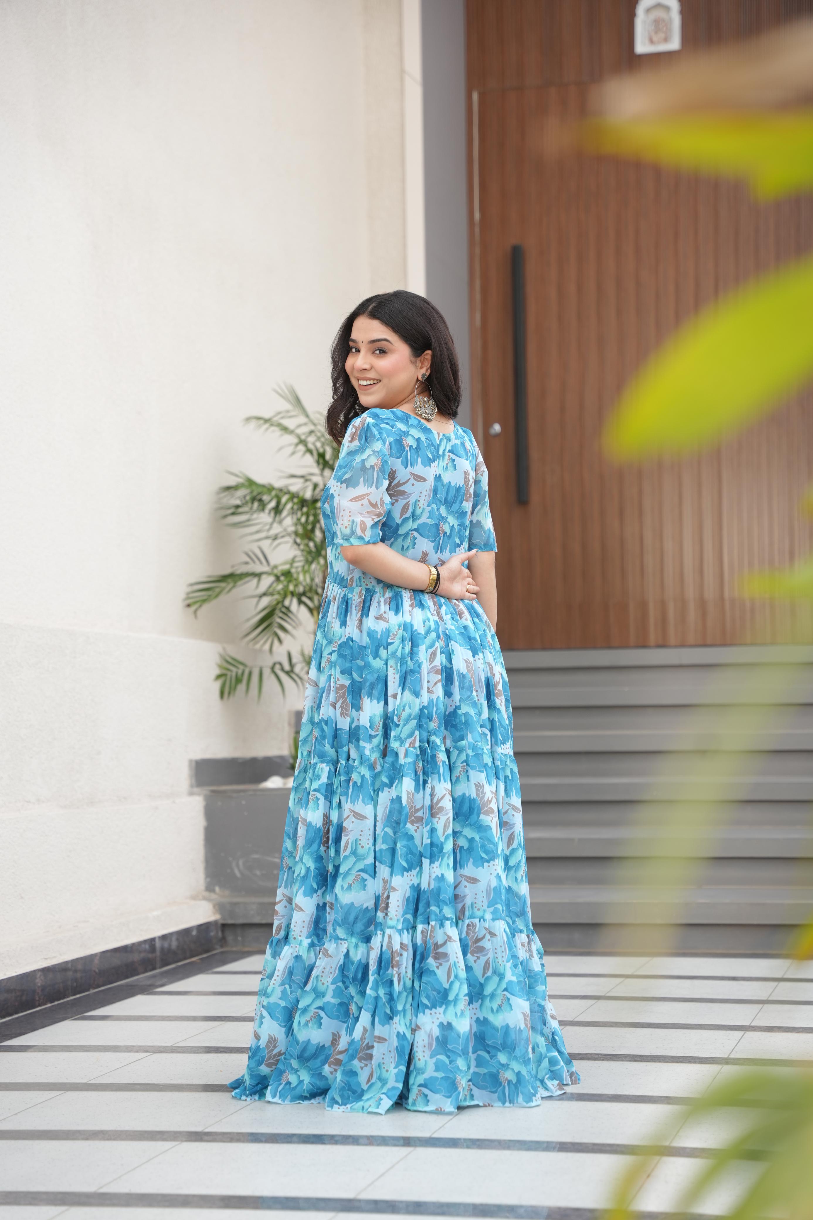 Attractive Sky Color Faux Georgette With Print Designer Gown