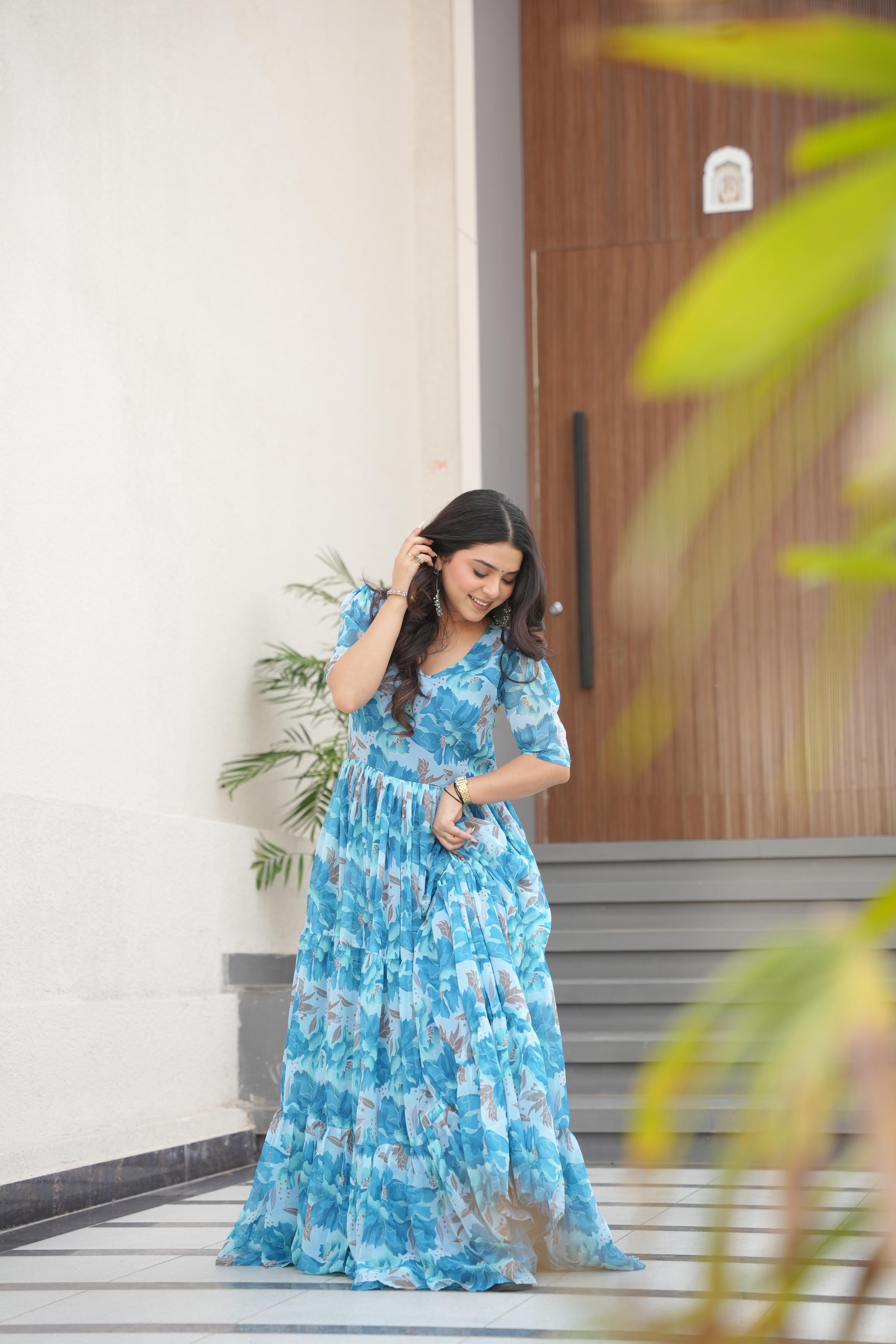Attractive Sky Color Faux Georgette With Print Designer Gown
