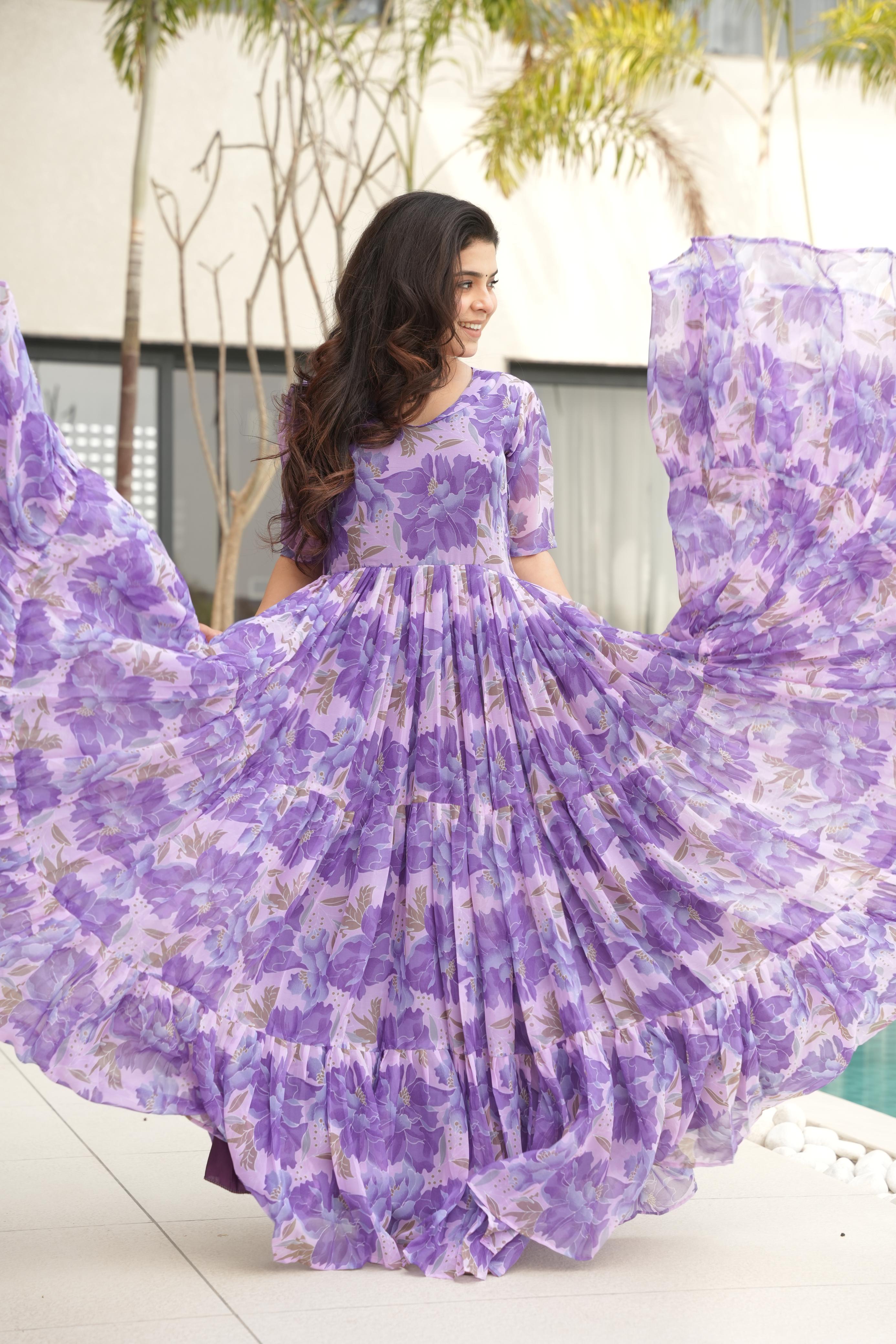 Attractive Purple Color Faux Georgette With Print Designer Gown