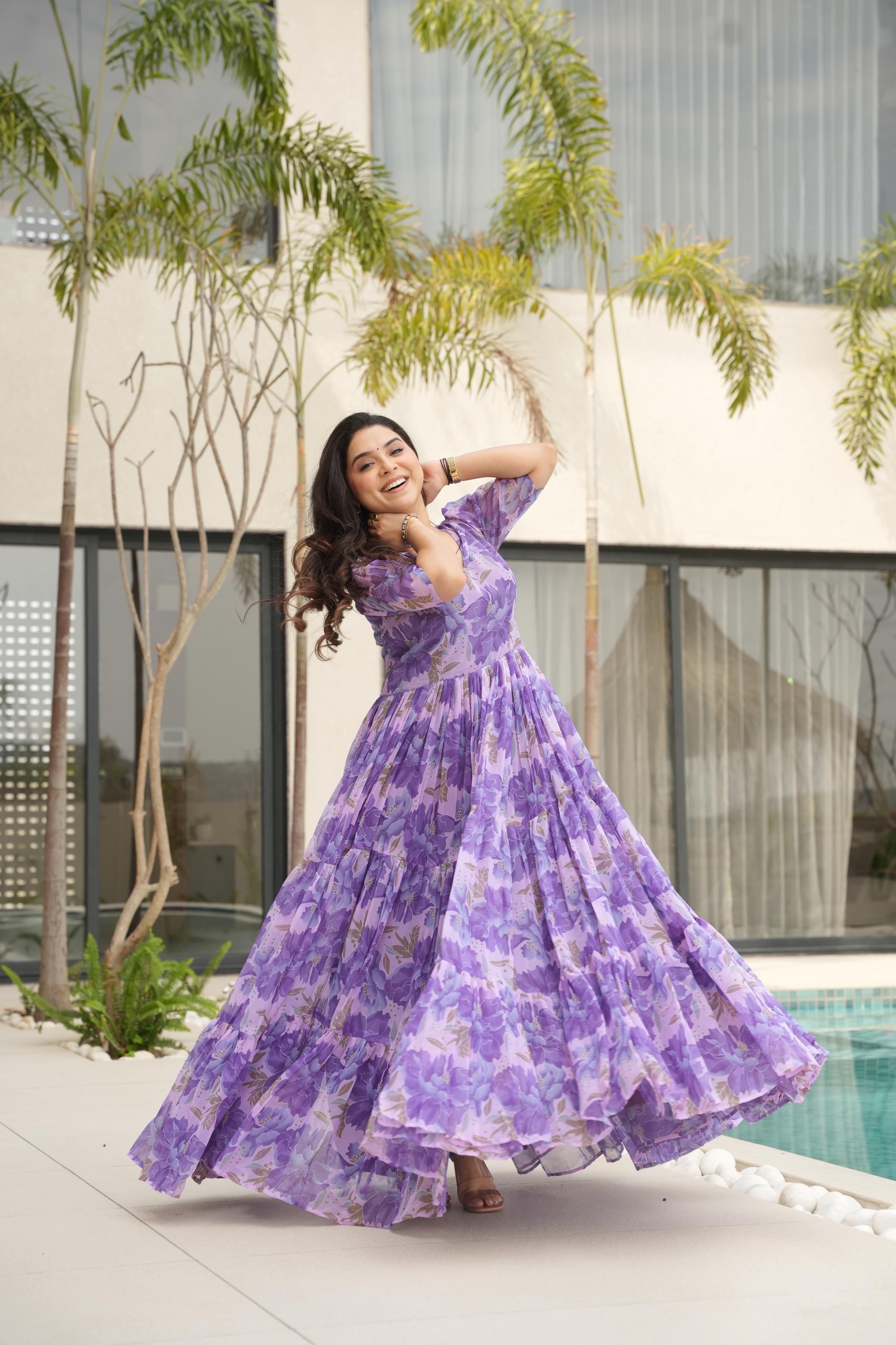 Attractive Purple Color Faux Georgette With Print Designer Gown