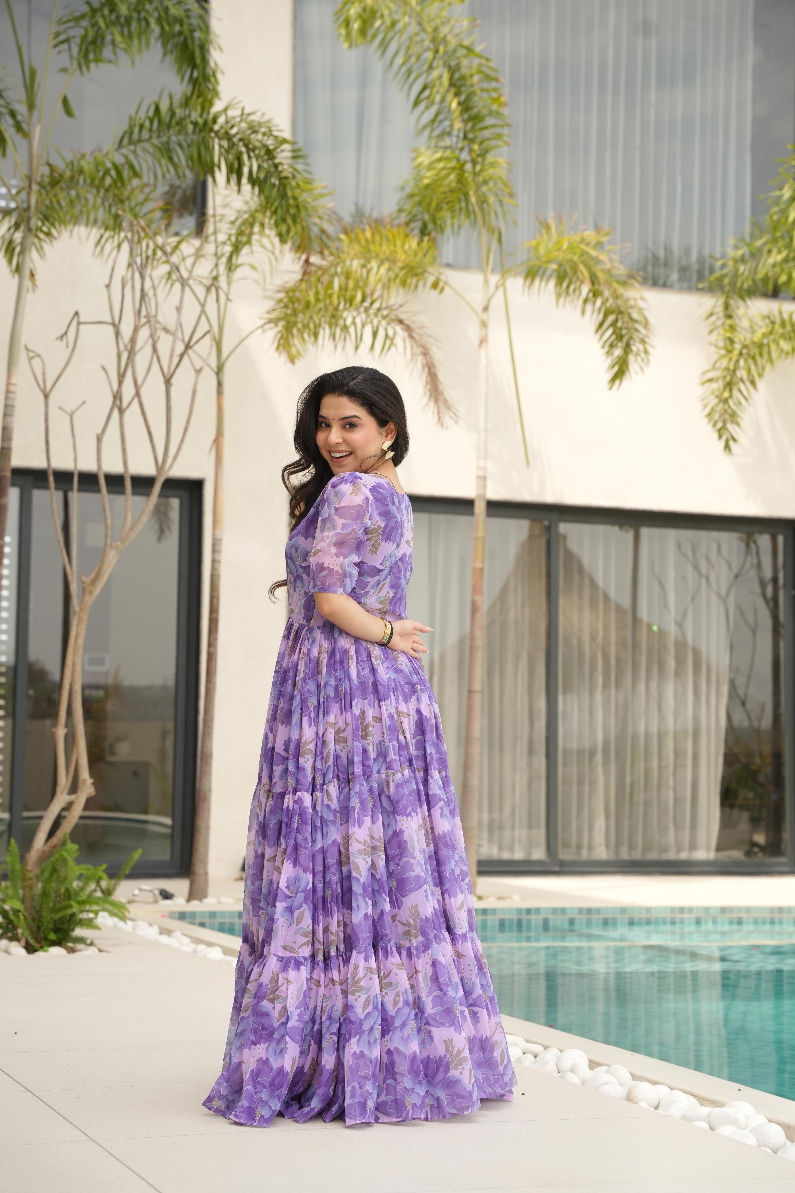 Attractive Purple Color Faux Georgette With Print Designer Gown