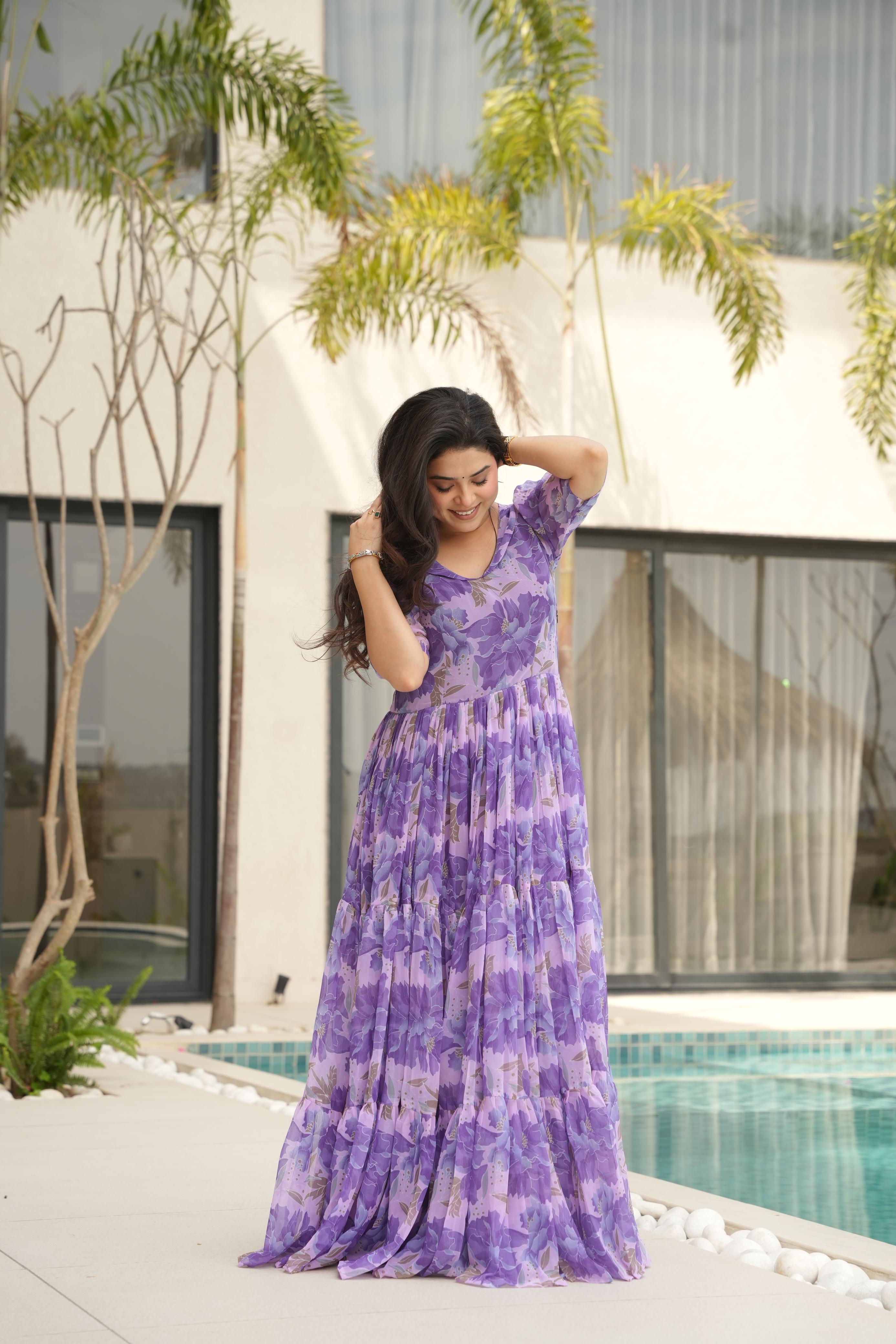 Attractive Purple Color Faux Georgette With Print Designer Gown