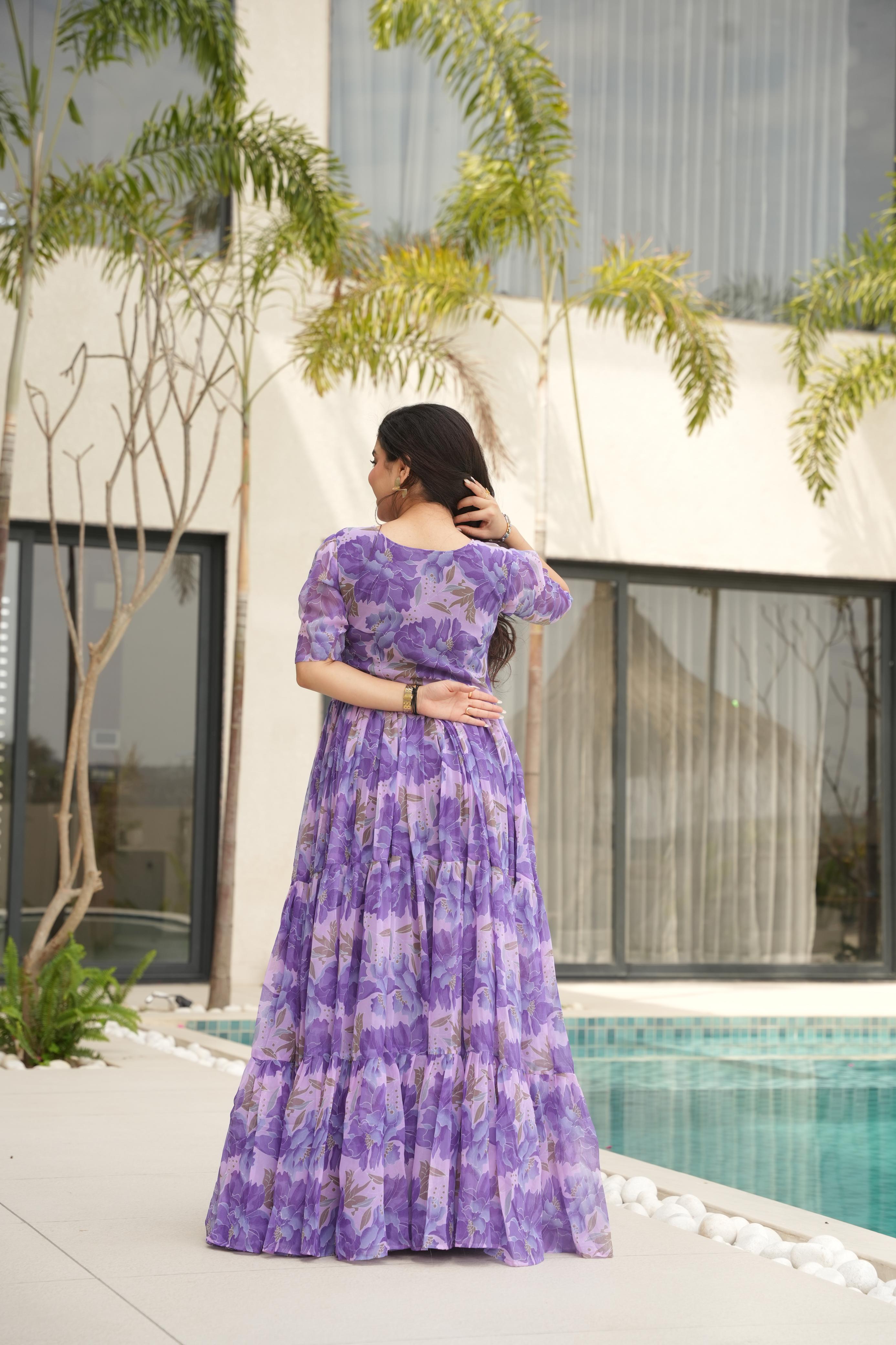 Attractive Purple Color Faux Georgette With Print Designer Gown