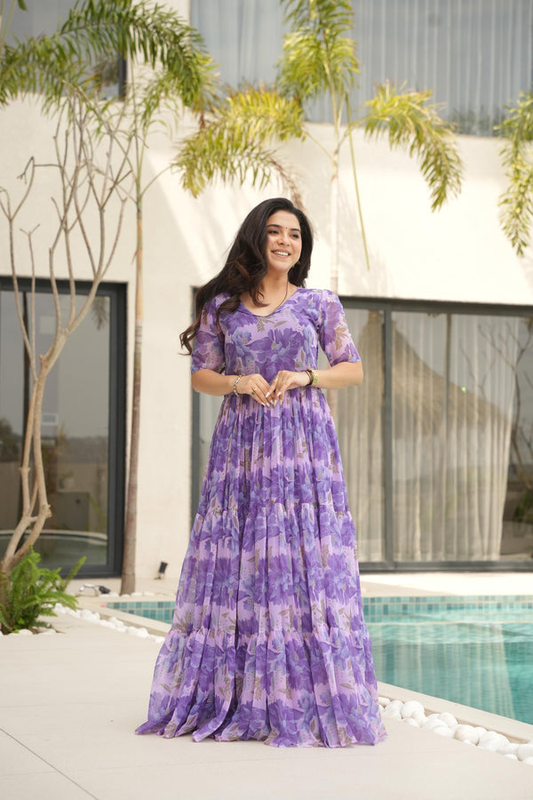 Attractive Purple Color Faux Georgette With Print Designer Gown