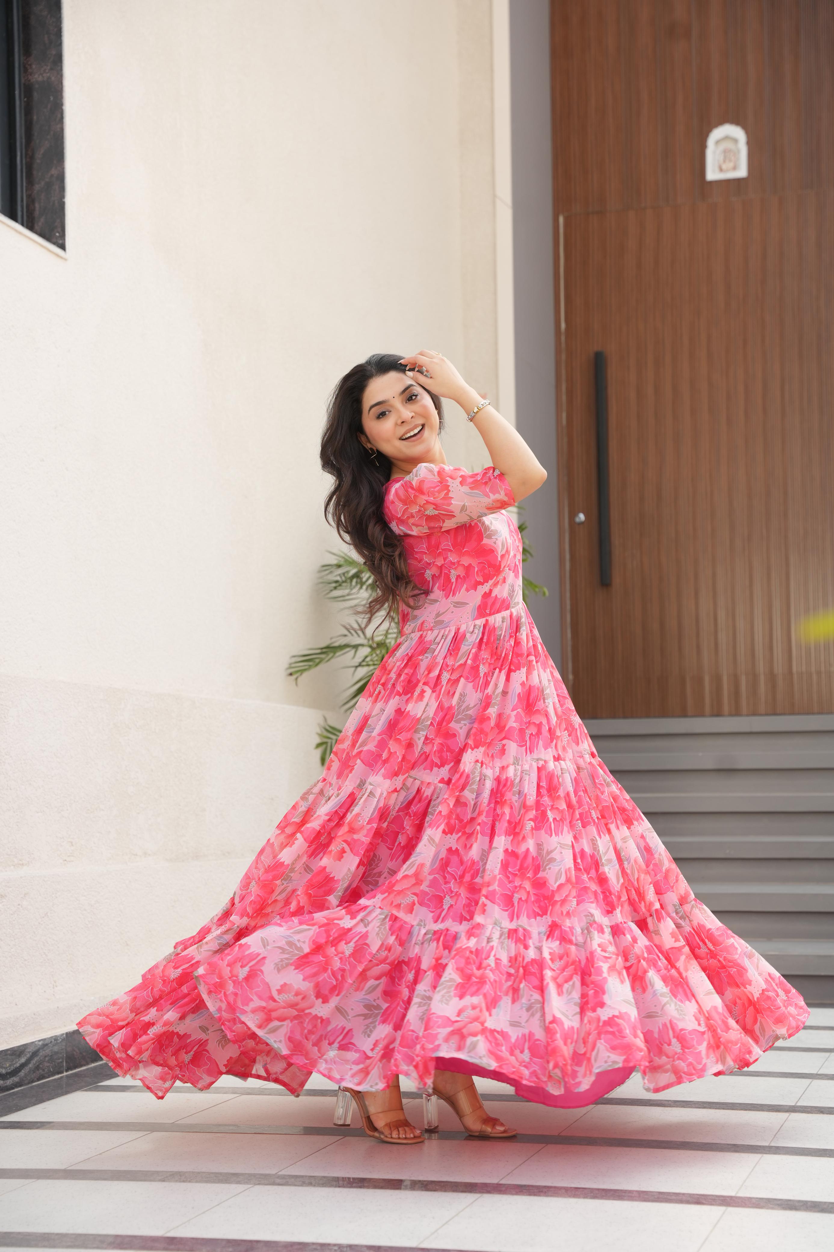 Attractive Peach Color Faux Georgette With Print Designer Gown