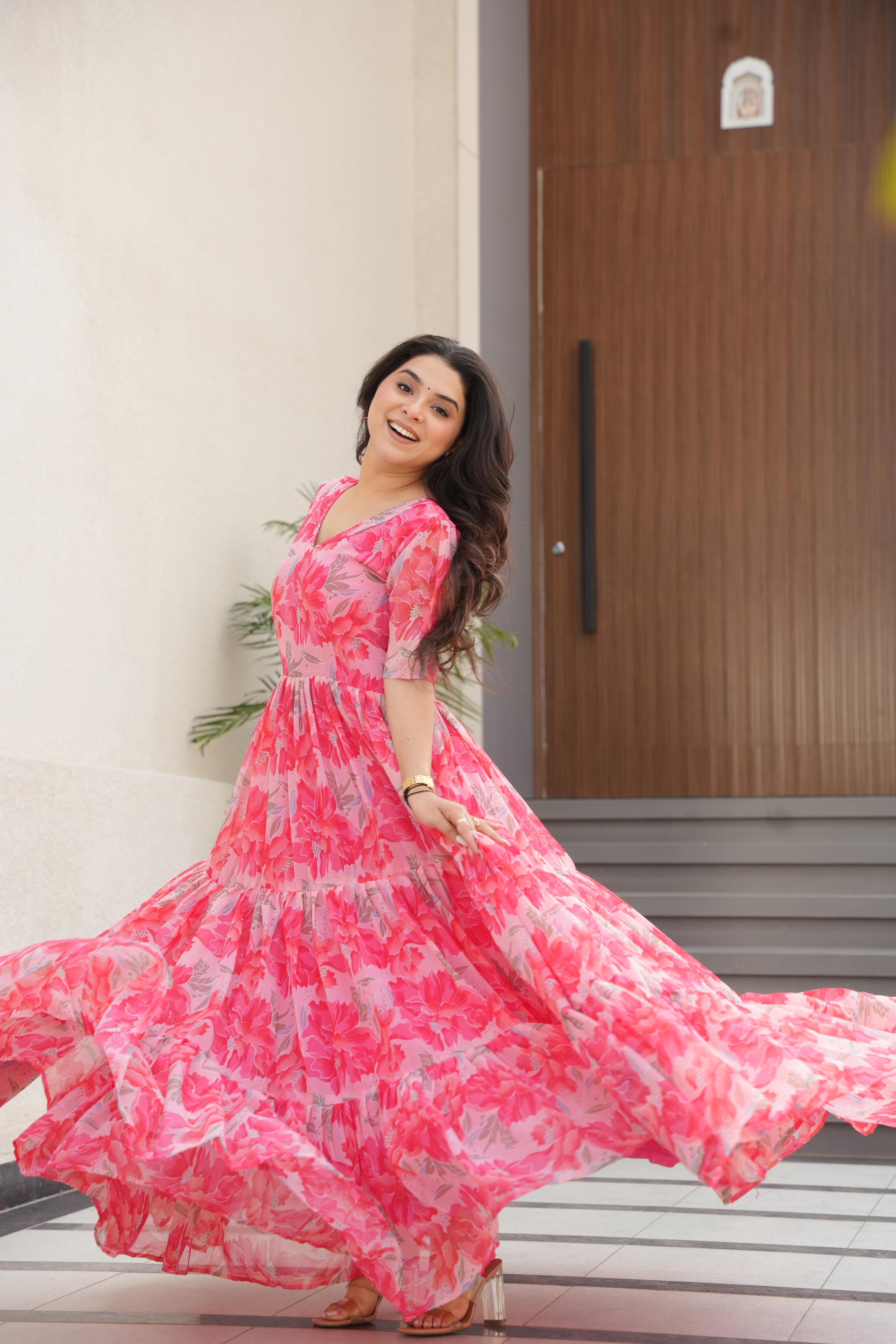 Attractive Peach Color Faux Georgette With Print Designer Gown
