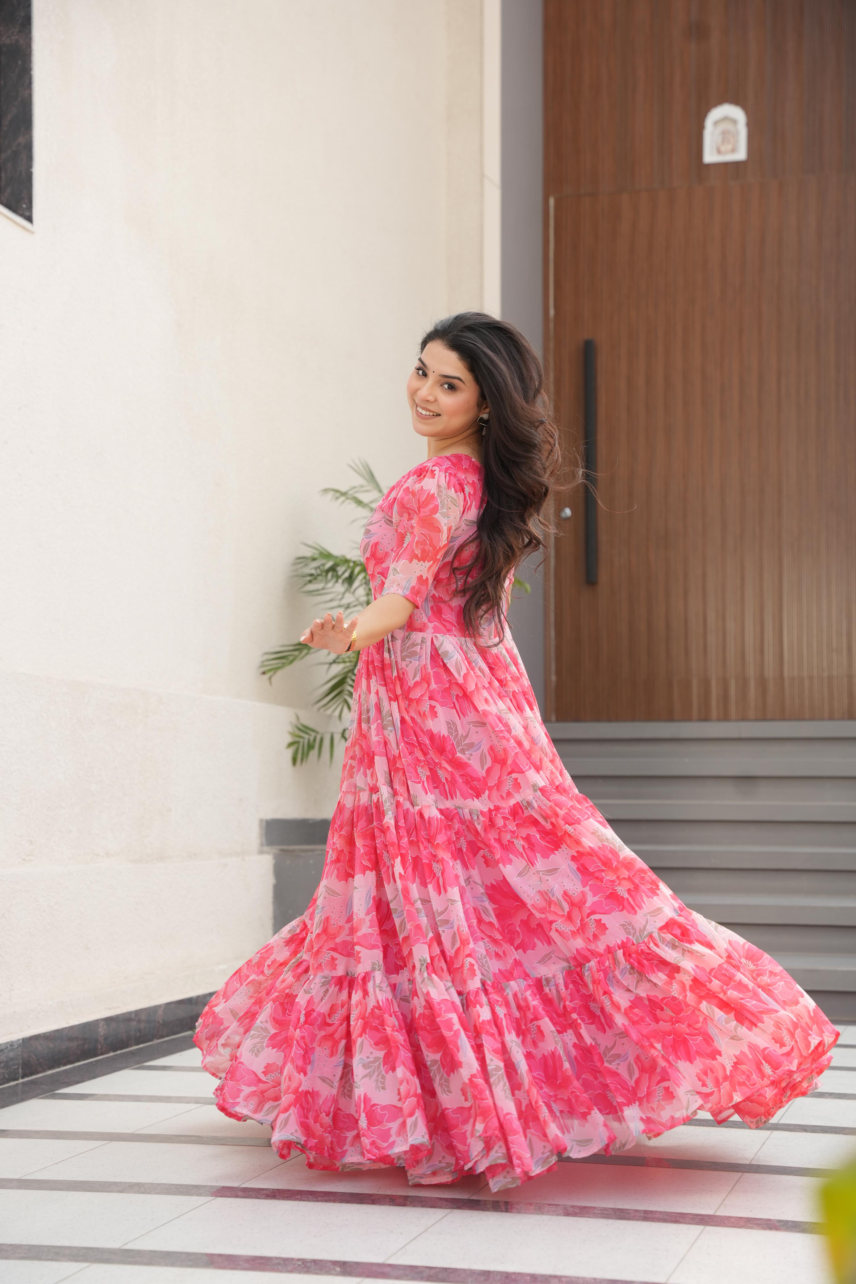 Attractive Peach Color Faux Georgette With Print Designer Gown
