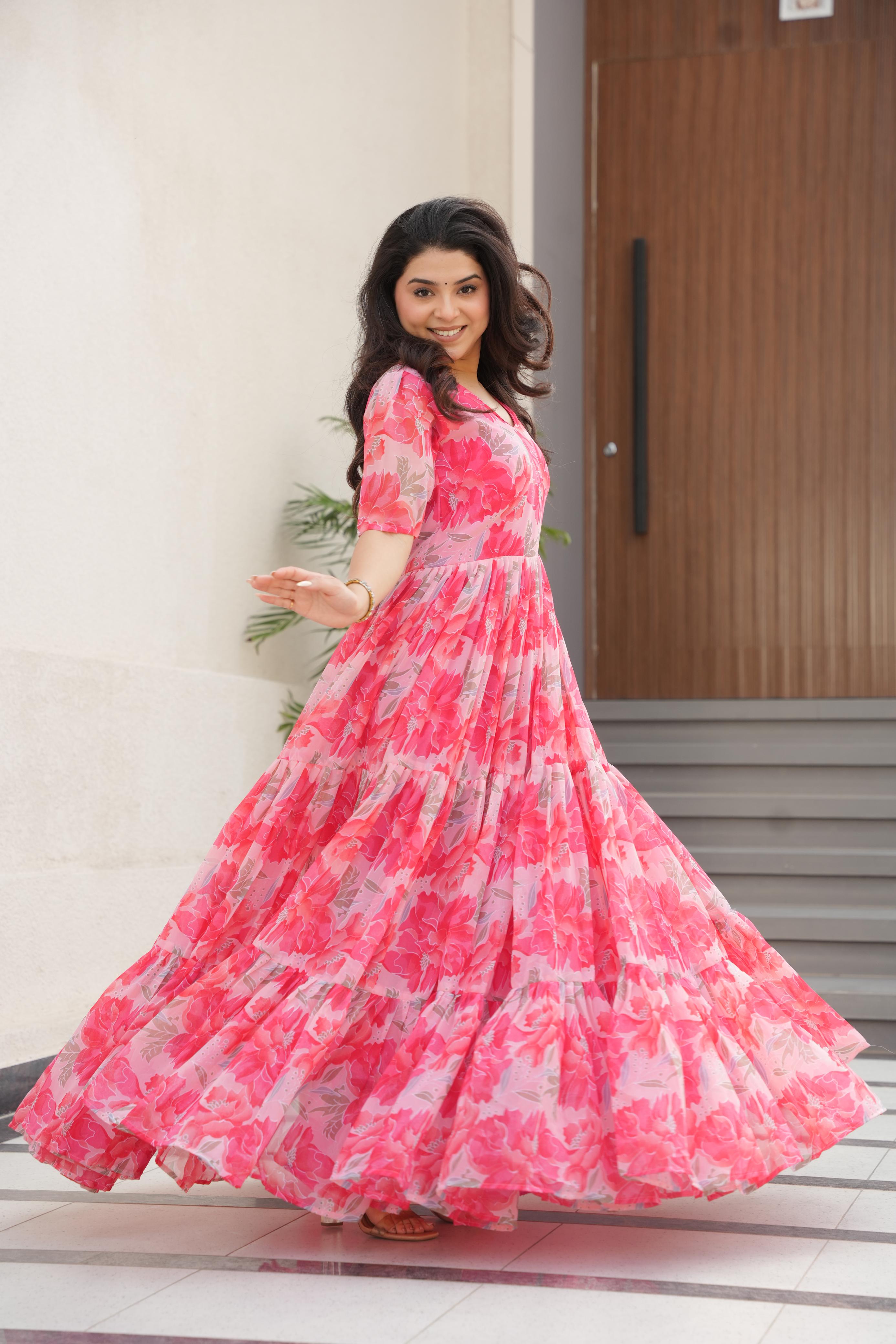 Attractive Peach Color Faux Georgette With Print Designer Gown