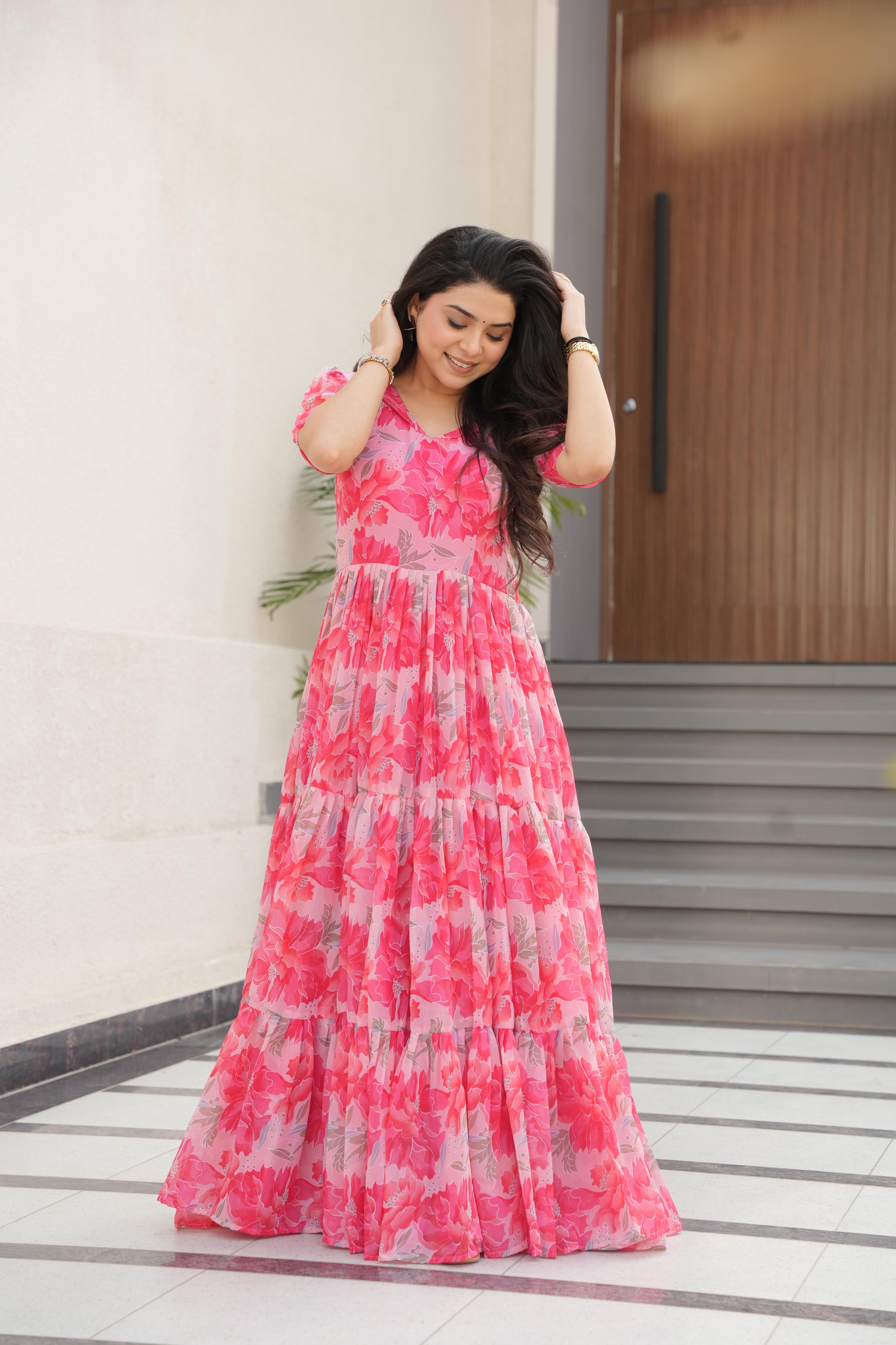 Attractive Peach Color Faux Georgette With Print Designer Gown