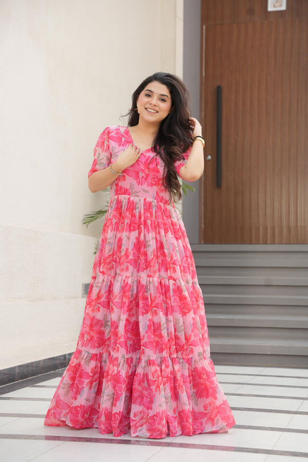 Attractive Peach Color Faux Georgette With Print Designer Gown