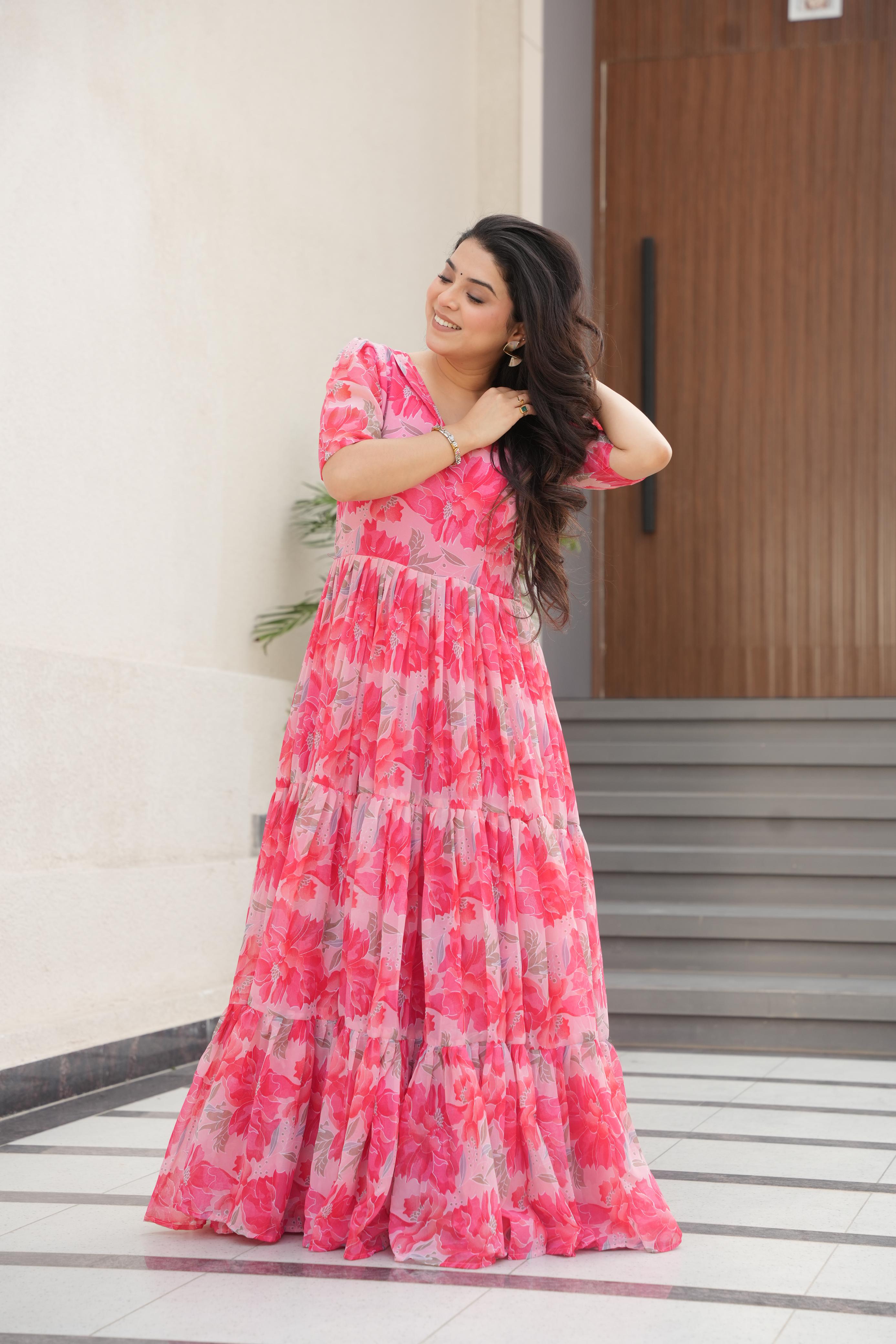 Attractive Peach Color Faux Georgette With Print Designer Gown