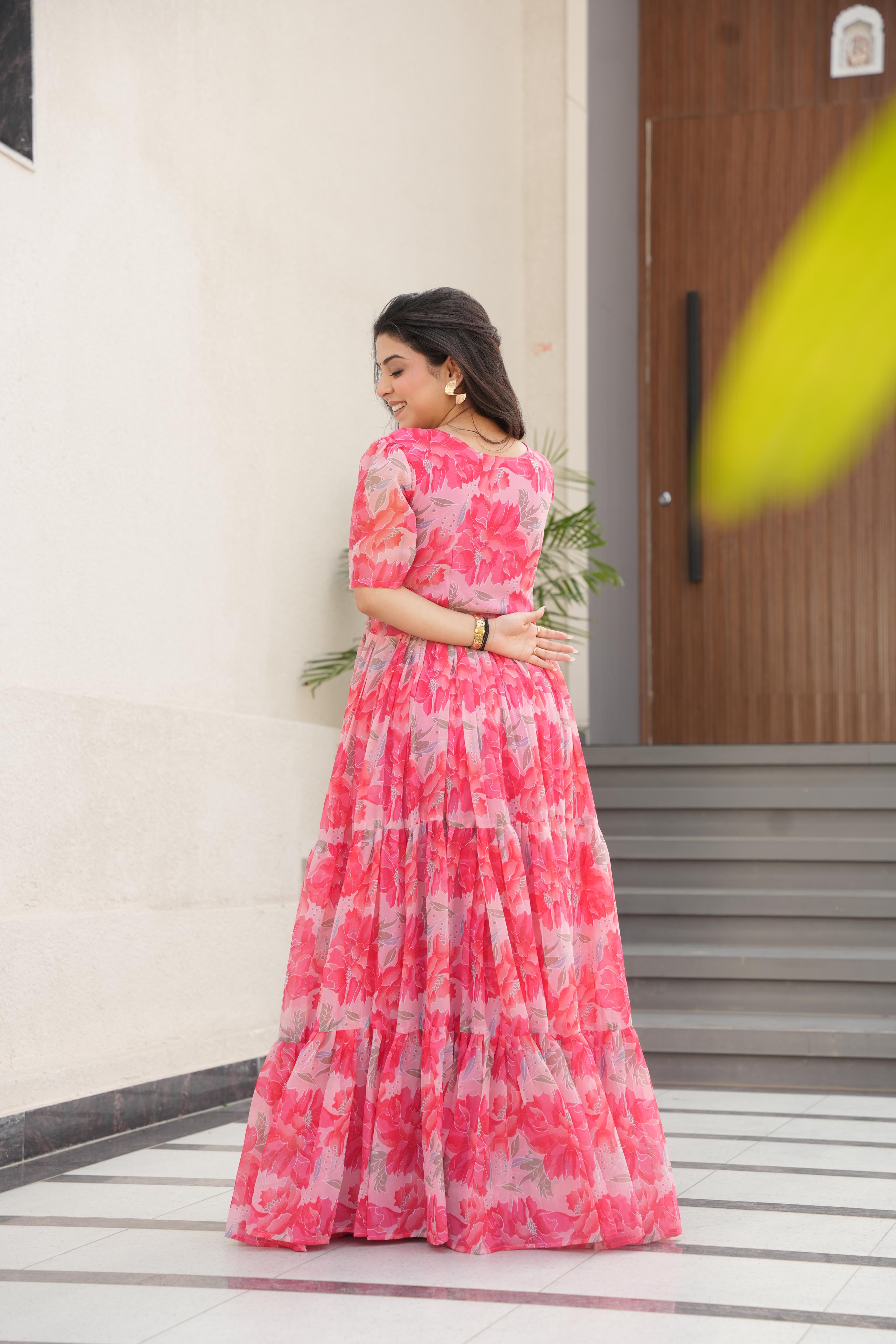 Attractive Peach Color Faux Georgette With Print Designer Gown