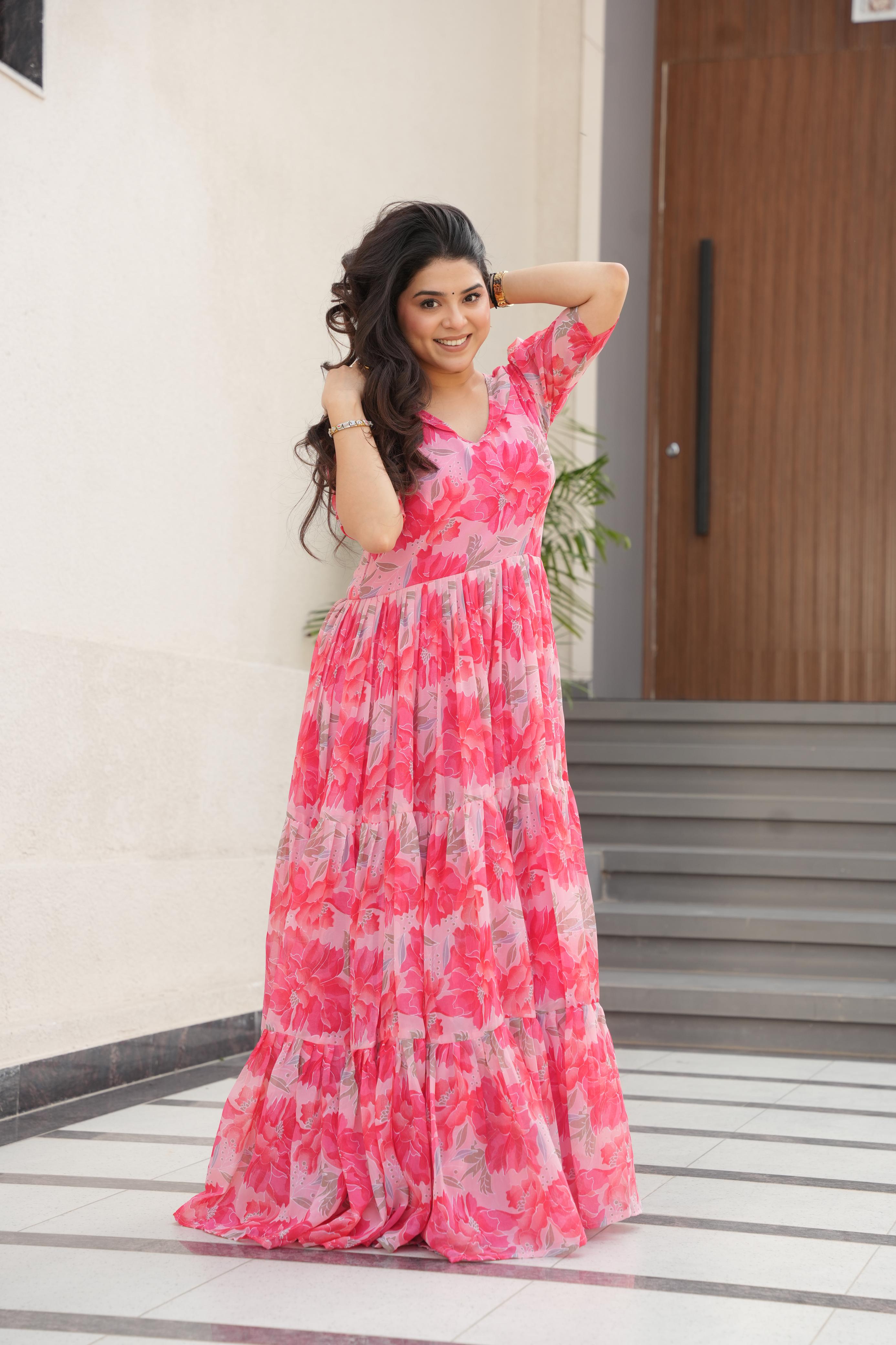 Attractive Peach Color Faux Georgette With Print Designer Gown