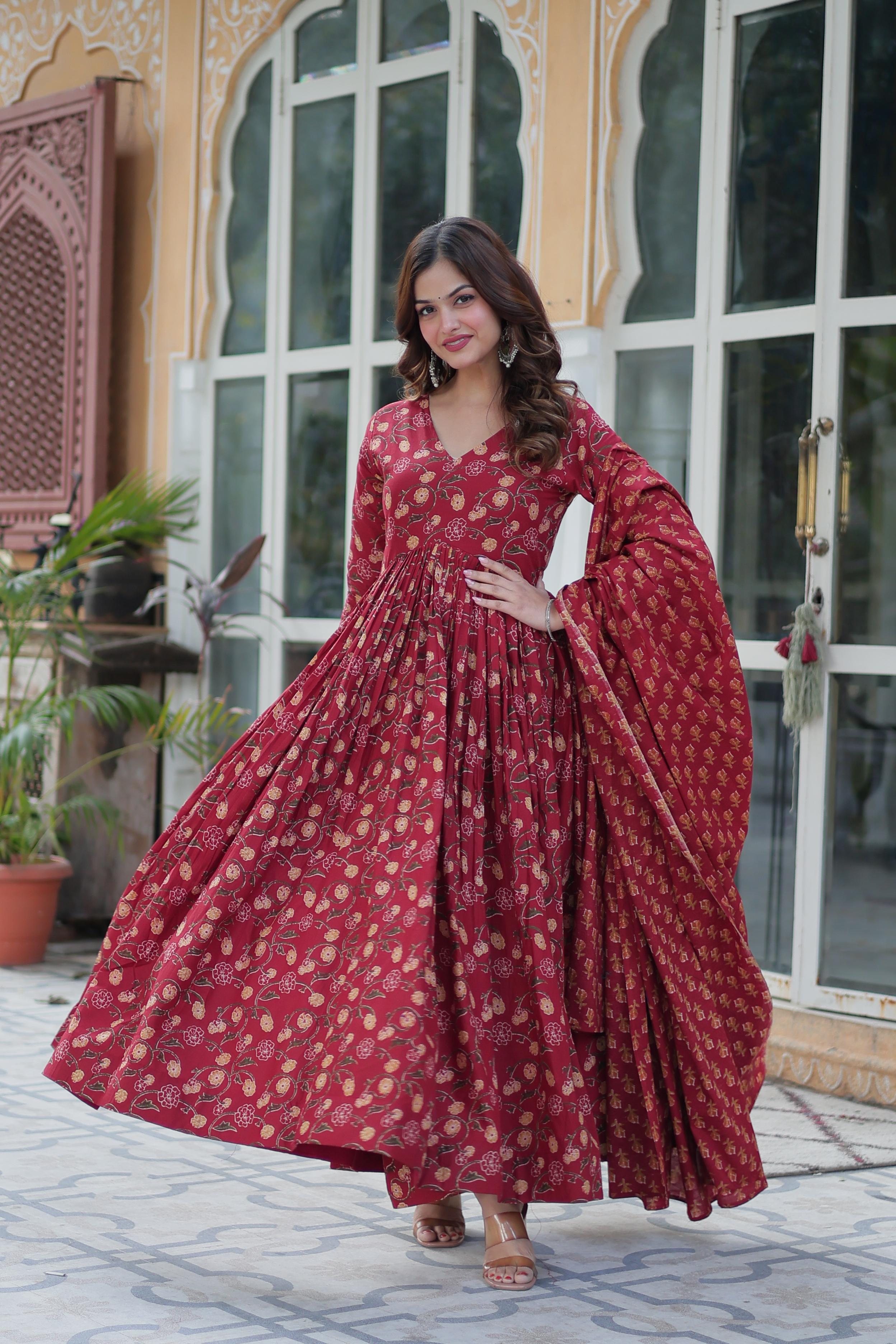 Delightful Maroon Color Pure Cotton Fancy V Neck Designer Anarkali Suit
