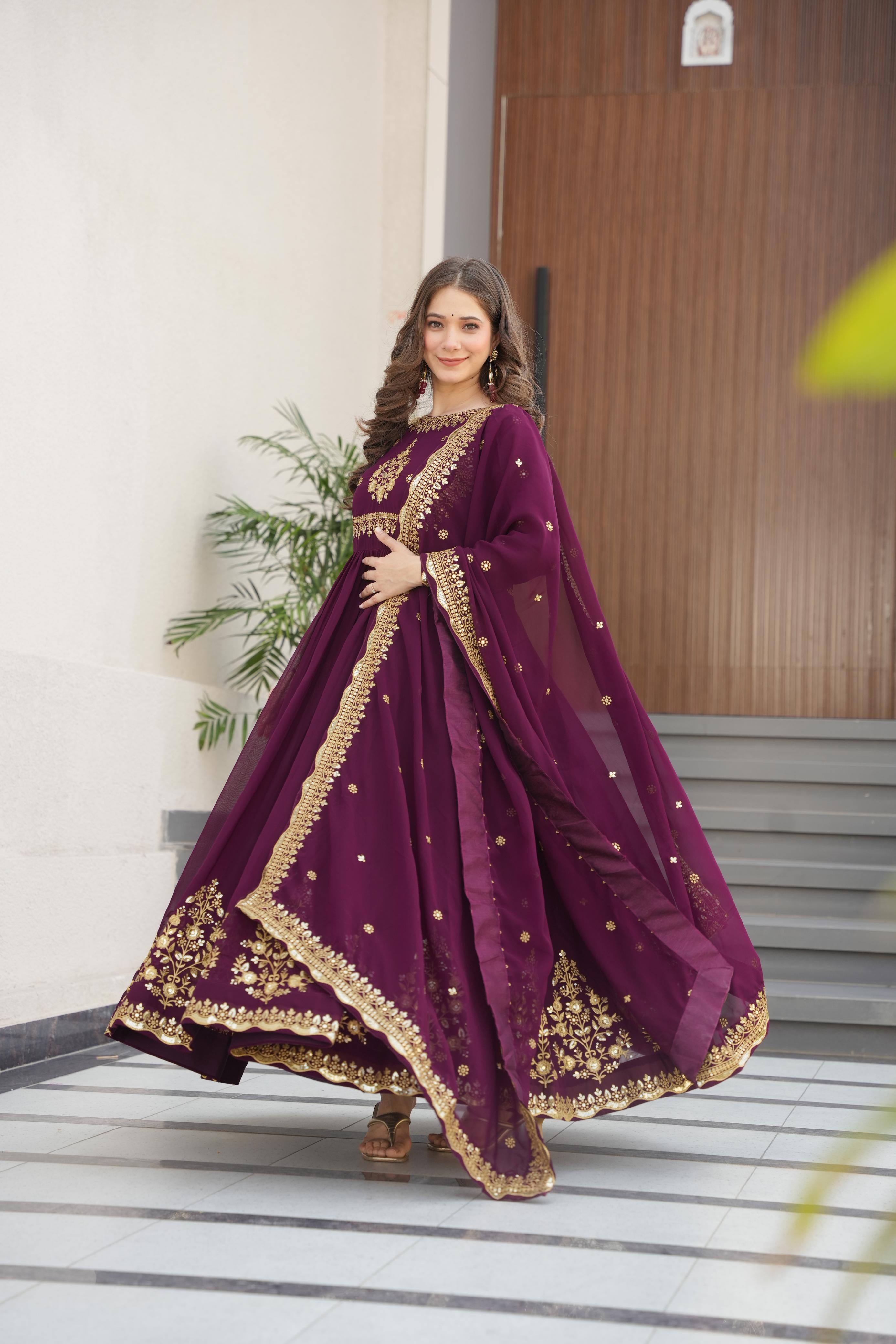 Exclusive Wine Color Faux Blooming Georgette With Zari Thread Sequins Embroidery Designer Gown