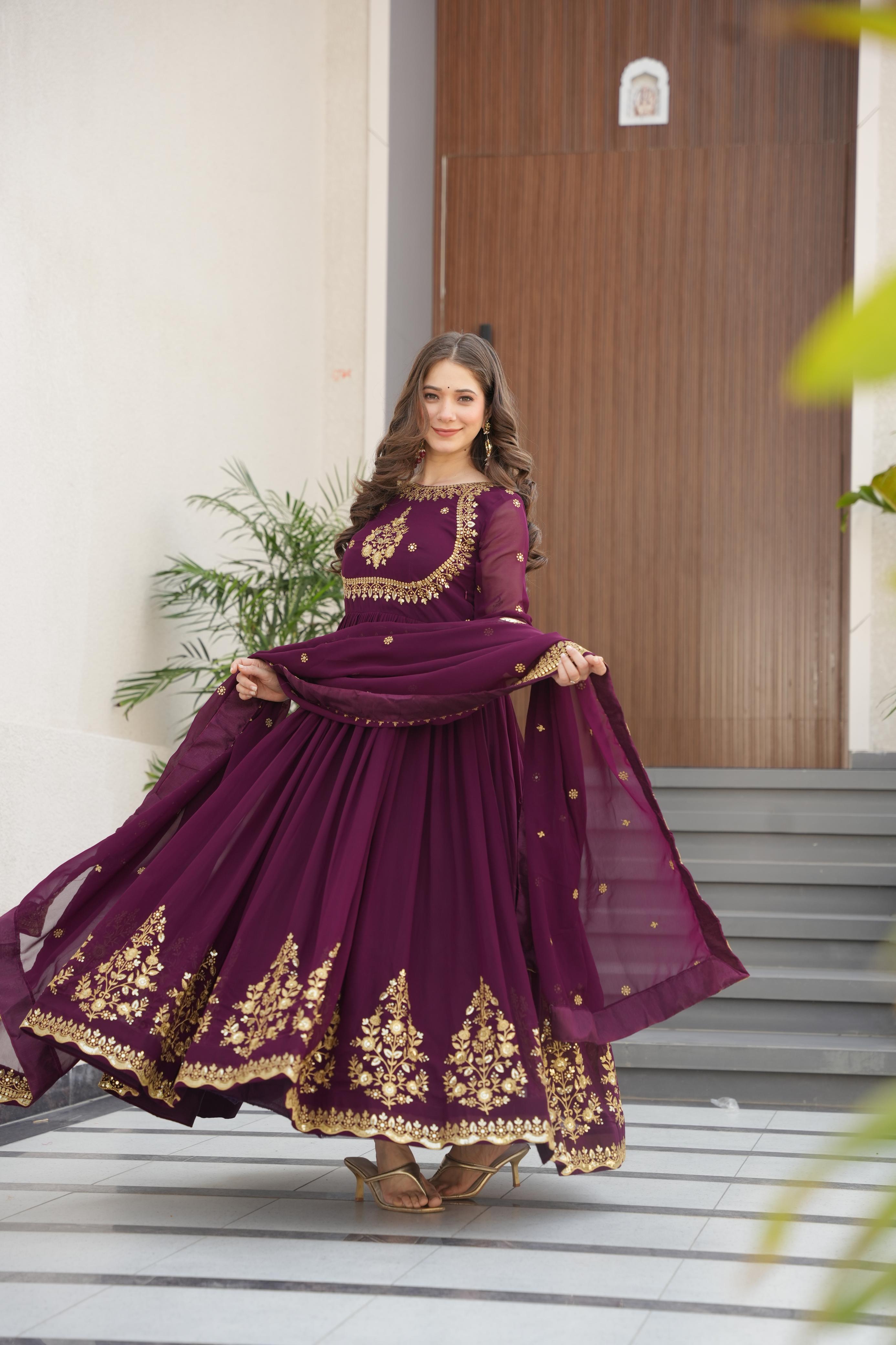 Exclusive Wine Color Faux Blooming Georgette With Zari Thread Sequins Embroidery Designer Gown