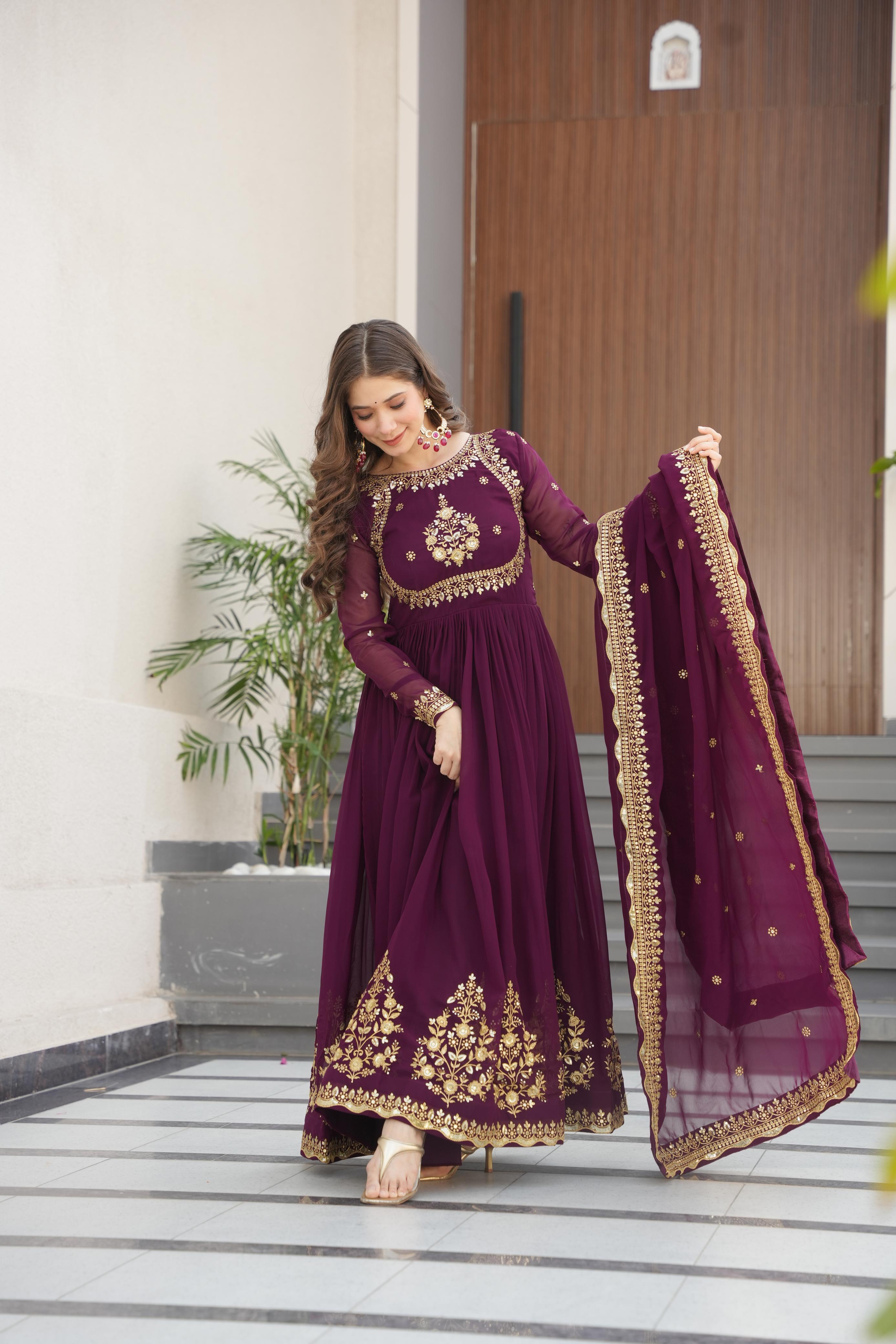 Exclusive Wine Color Faux Blooming Georgette With Zari Thread Sequins Embroidery Designer Gown