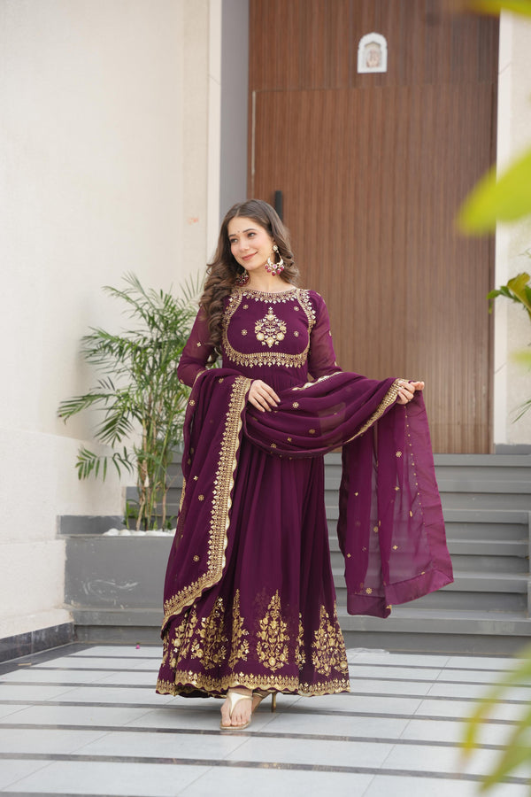 Exclusive Wine Color Faux Blooming Georgette With Zari Thread Sequins Embroidery Designer Gown