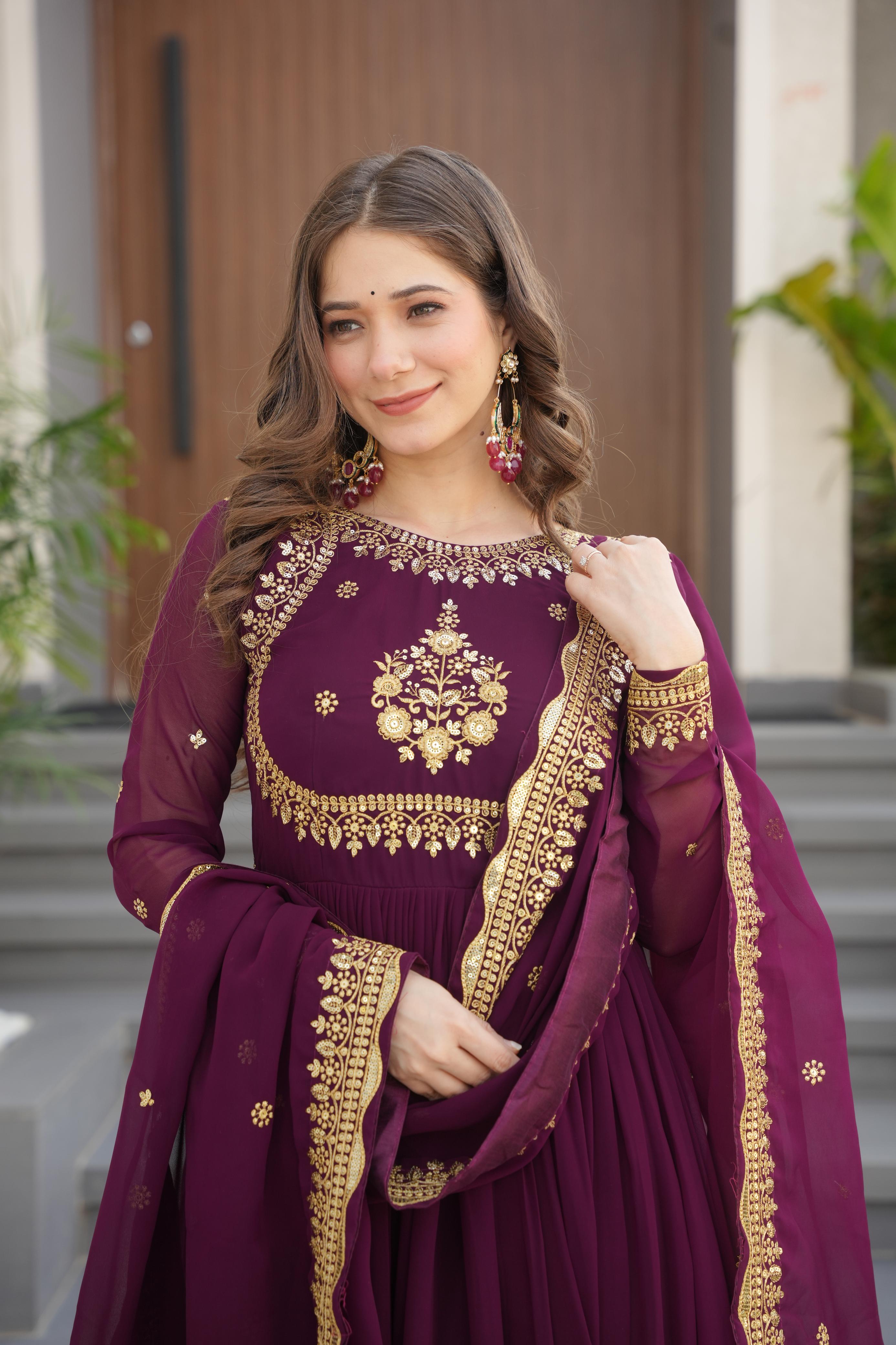 Exclusive Wine Color Faux Blooming Georgette With Zari Thread Sequins Embroidery Designer Gown
