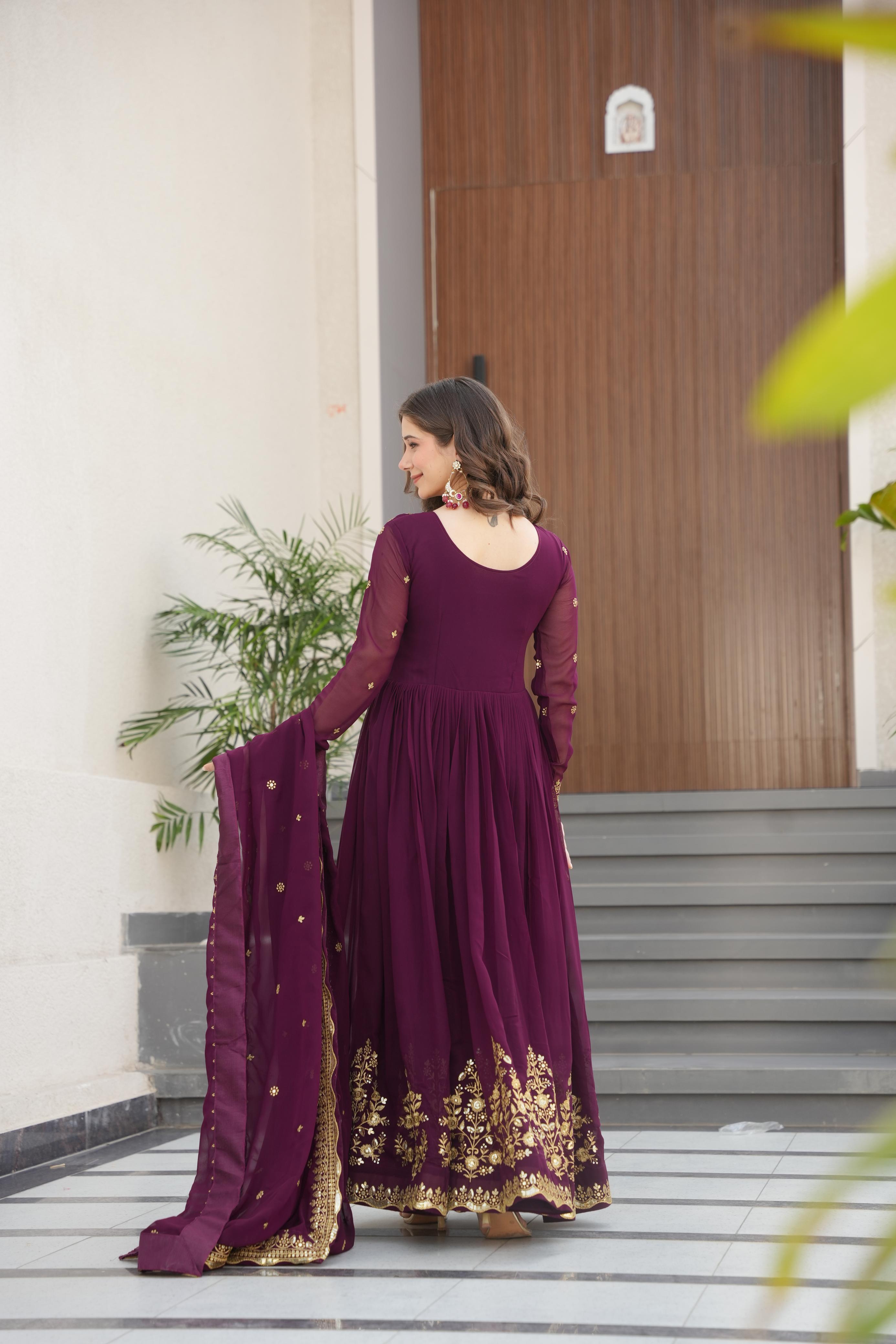 Exclusive Wine Color Faux Blooming Georgette With Zari Thread Sequins Embroidery Designer Gown