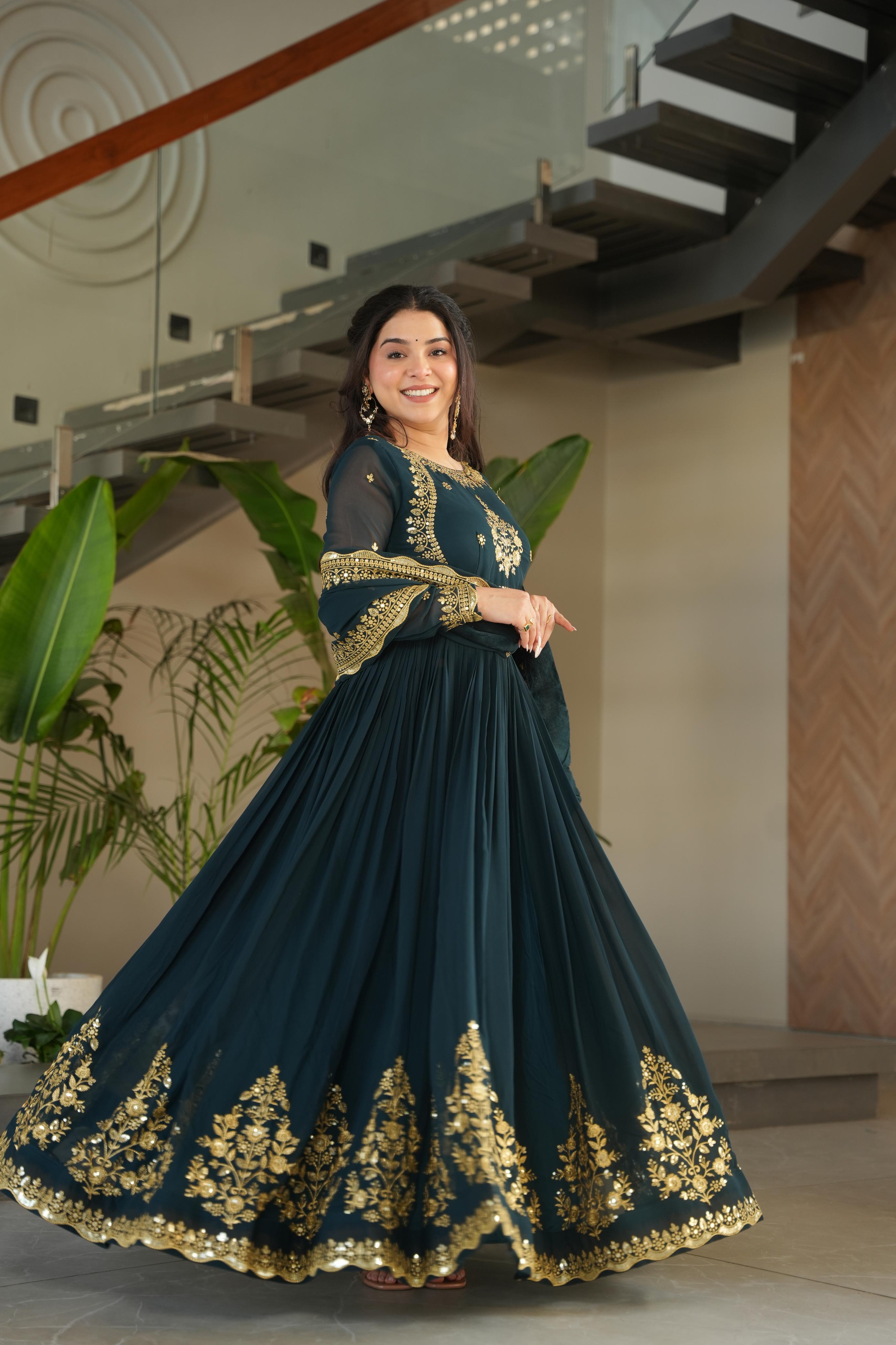 Exclusive Teal Green Color Faux Blooming Georgette With Zari Thread Sequins Embroidery Designer Gown
