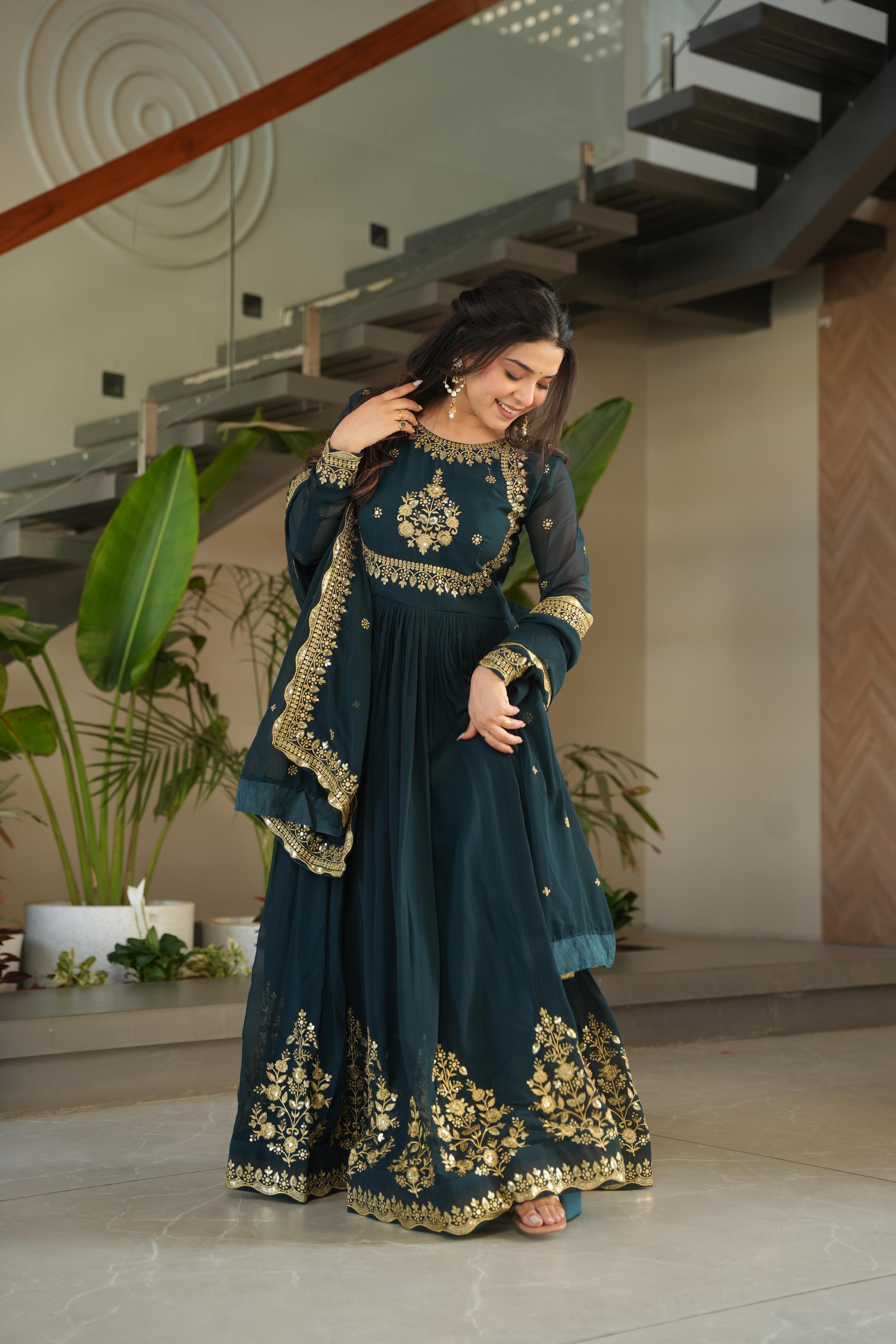 Exclusive Teal Green Color Faux Blooming Georgette With Zari Thread Sequins Embroidery Designer Gown
