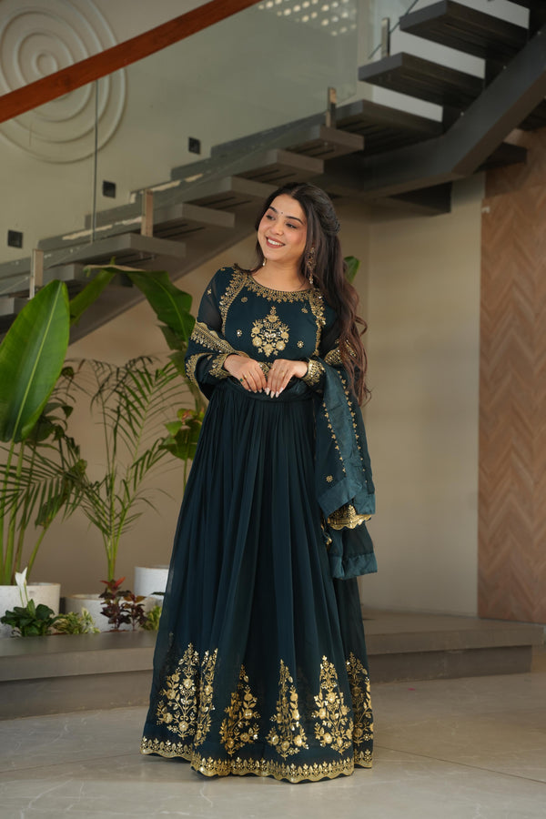 Exclusive Teal Green Color Faux Blooming Georgette With Zari Thread Sequins Embroidery Designer Gown
