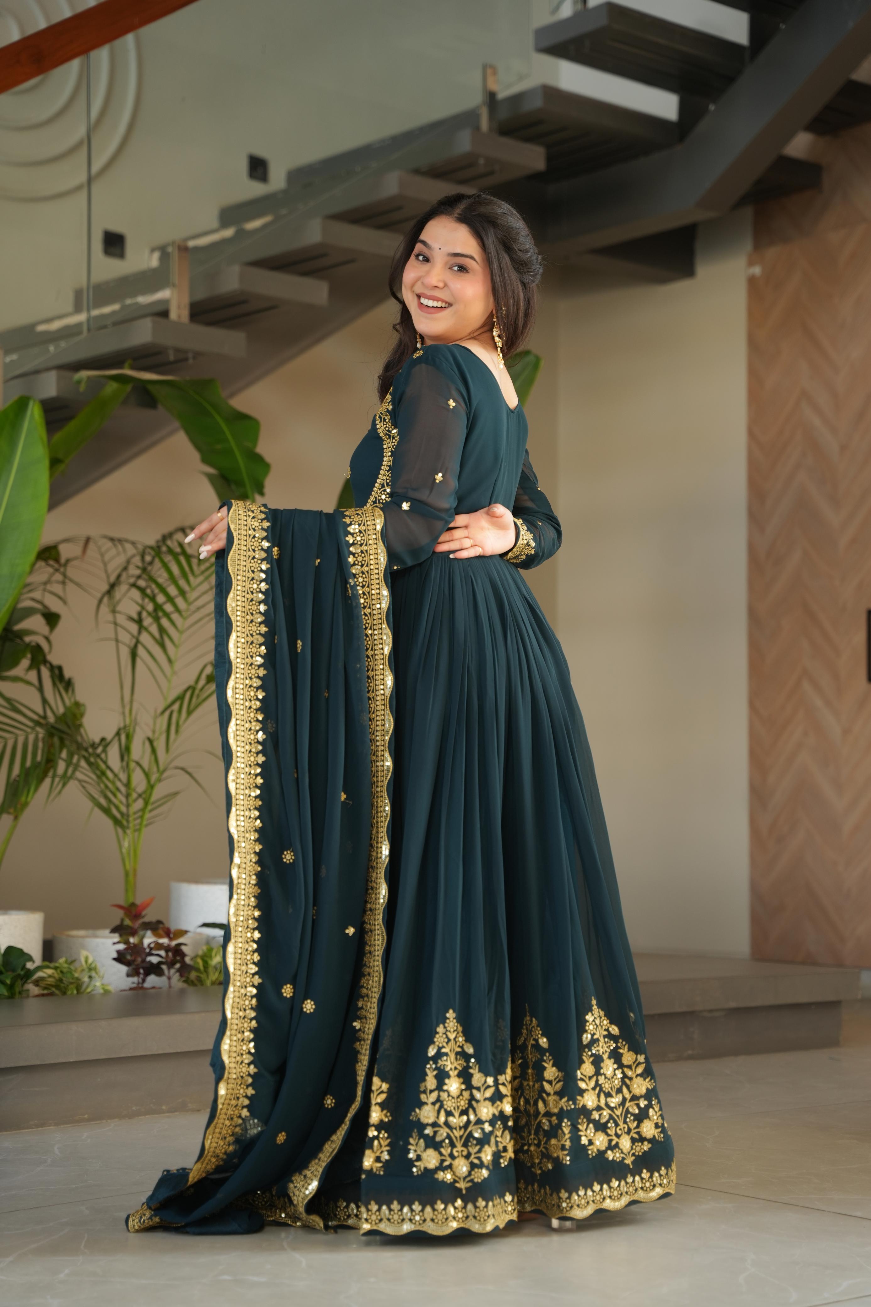Exclusive Teal Green Color Faux Blooming Georgette With Zari Thread Sequins Embroidery Designer Gown