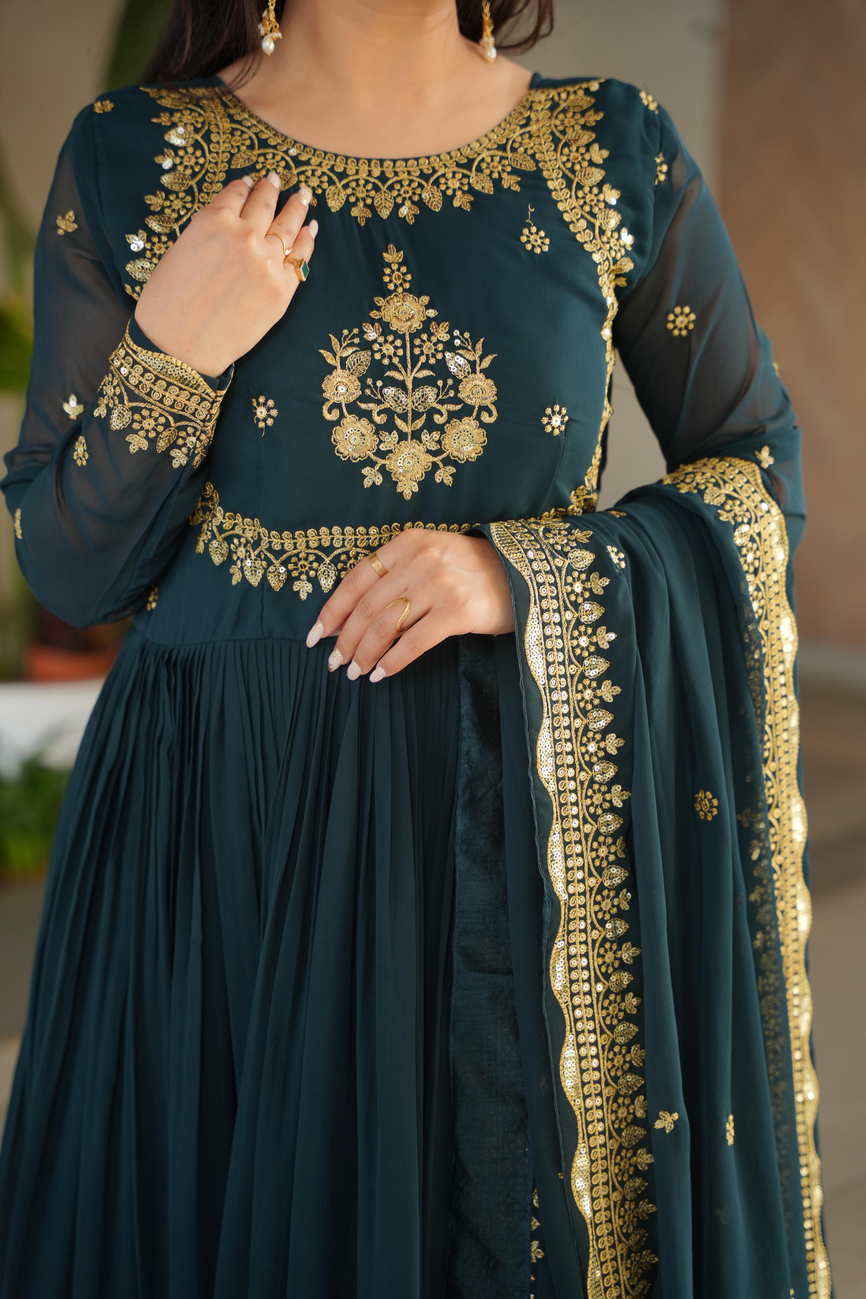 Exclusive Teal Green Color Faux Blooming Georgette With Zari Thread Sequins Embroidery Designer Gown
