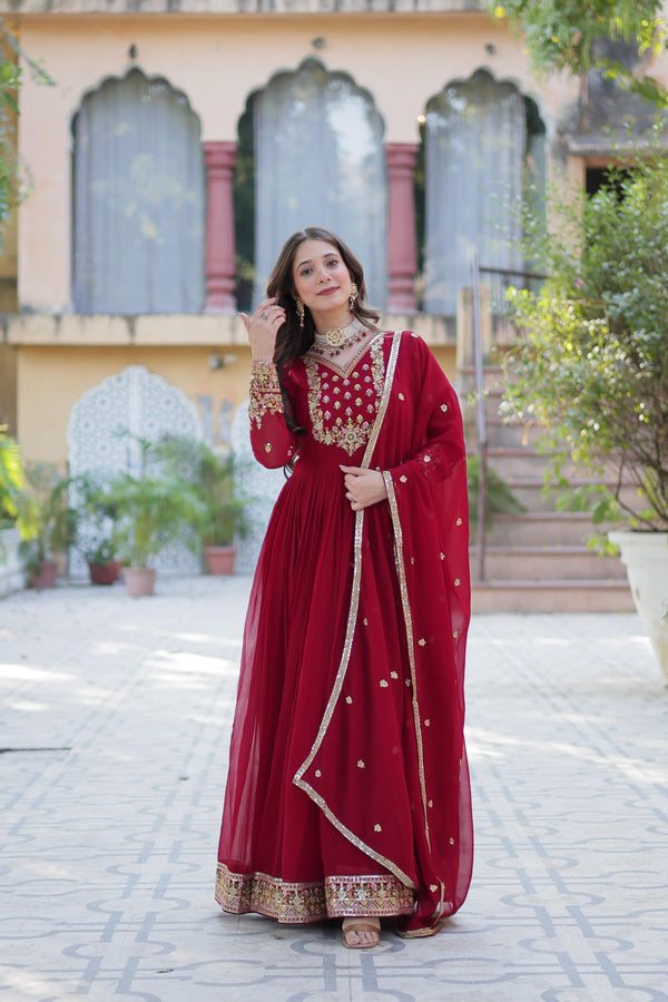 Admiring Maroon Color Faux Blooming Georgette With Rich Sequins Embroidered Work Designer Gown