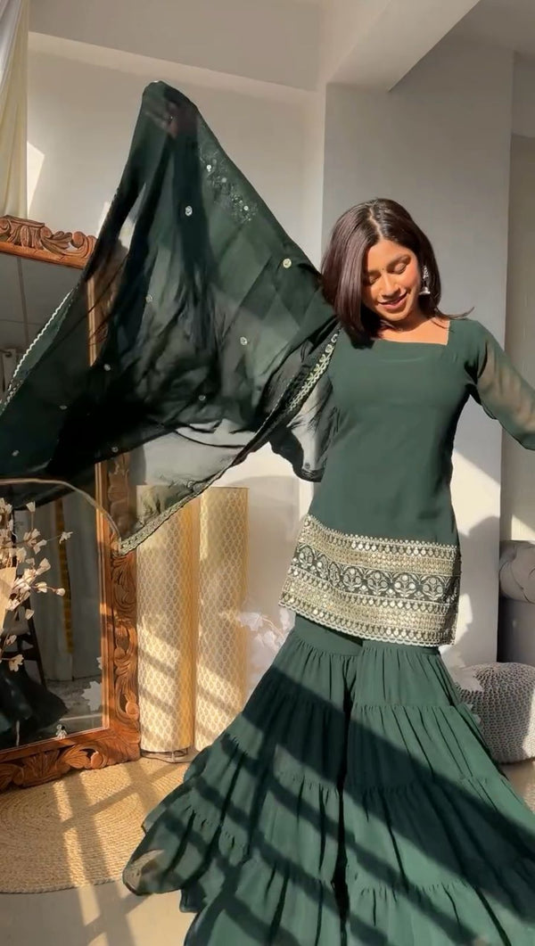 Stunning Green Color Faux Georgette Thread With 9mm Sequence Work Beautiful Sharara Suit
